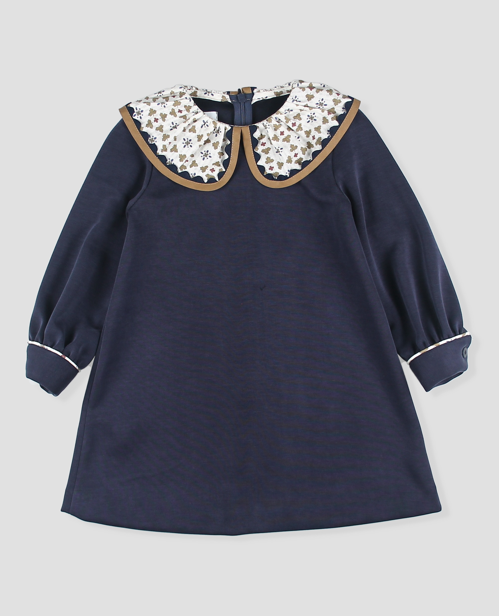 Imagen 3 de Vestido niña liso con manga larga y cuello floral a contraste - Foque - Azul marino Azul marino