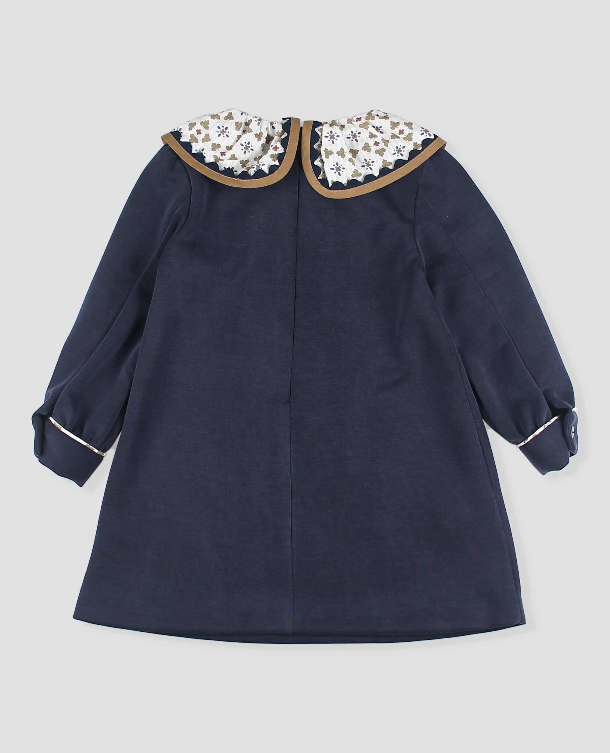 Imagen 2 de Vestido niña liso con manga larga y cuello floral a contraste - Foque - Azul marino Azul marino