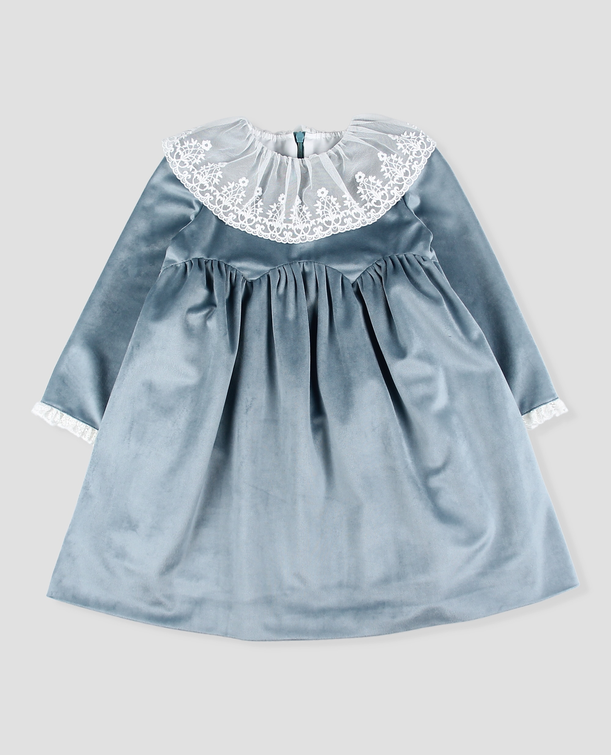 Imagen 3 de Vestido de terciopelo liso, niña de manga larga y cuello de tul a contraste. - Foque - Azulón Azulón