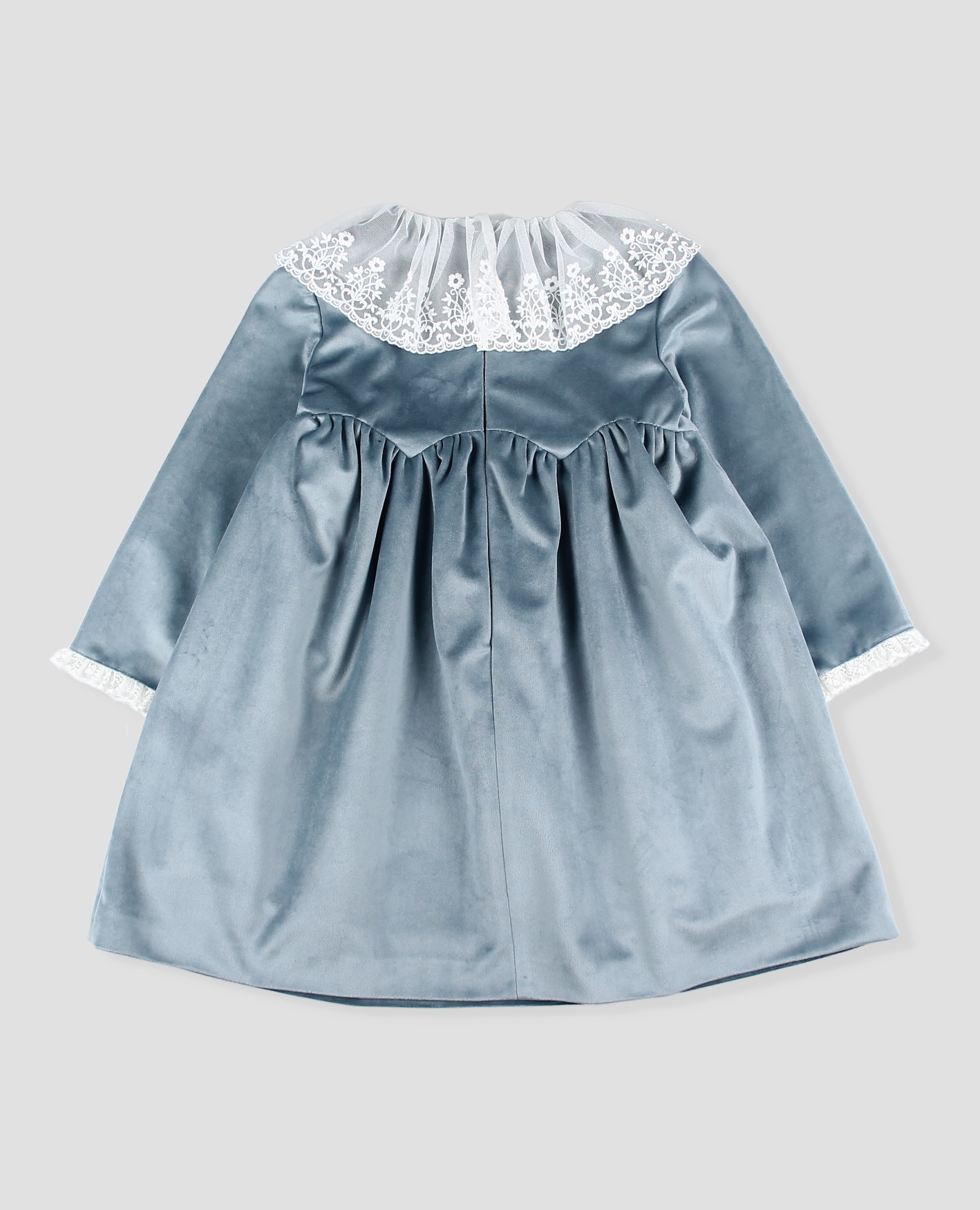 Imagen 2 de Vestido de terciopelo liso, niña de manga larga y cuello de tul a contraste. - Foque - Azulón Azulón