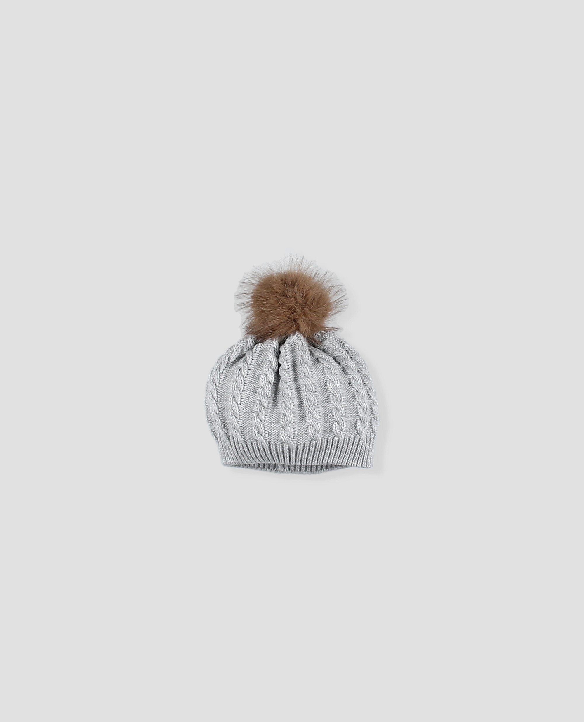 Gorro de punto en ochos para bebé con pompón de pelo - Foque - Gris claro Gris claro-1