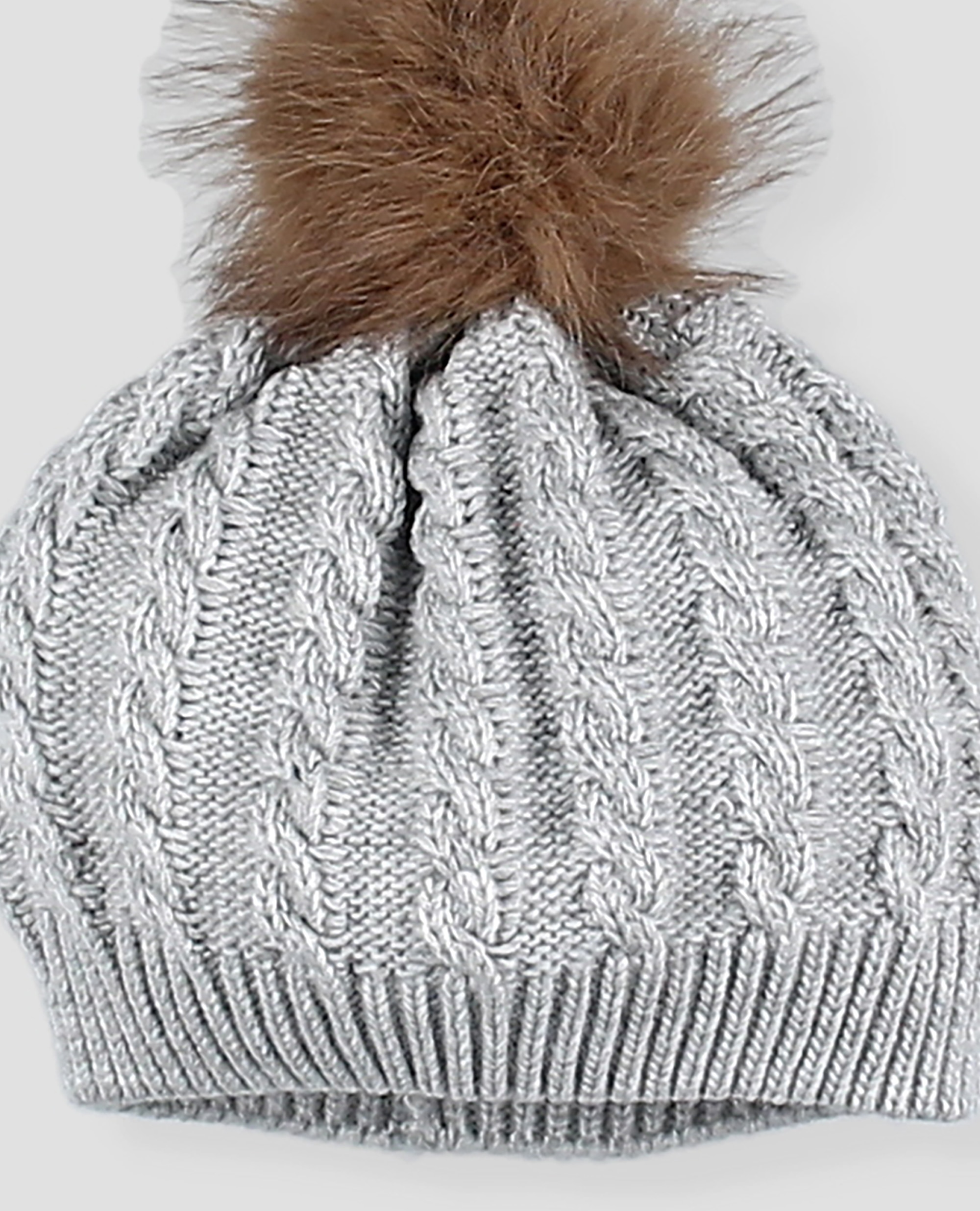 Gorro de punto en ochos para bebé con pompón de pelo - Foque - Gris claro Gris claro-2