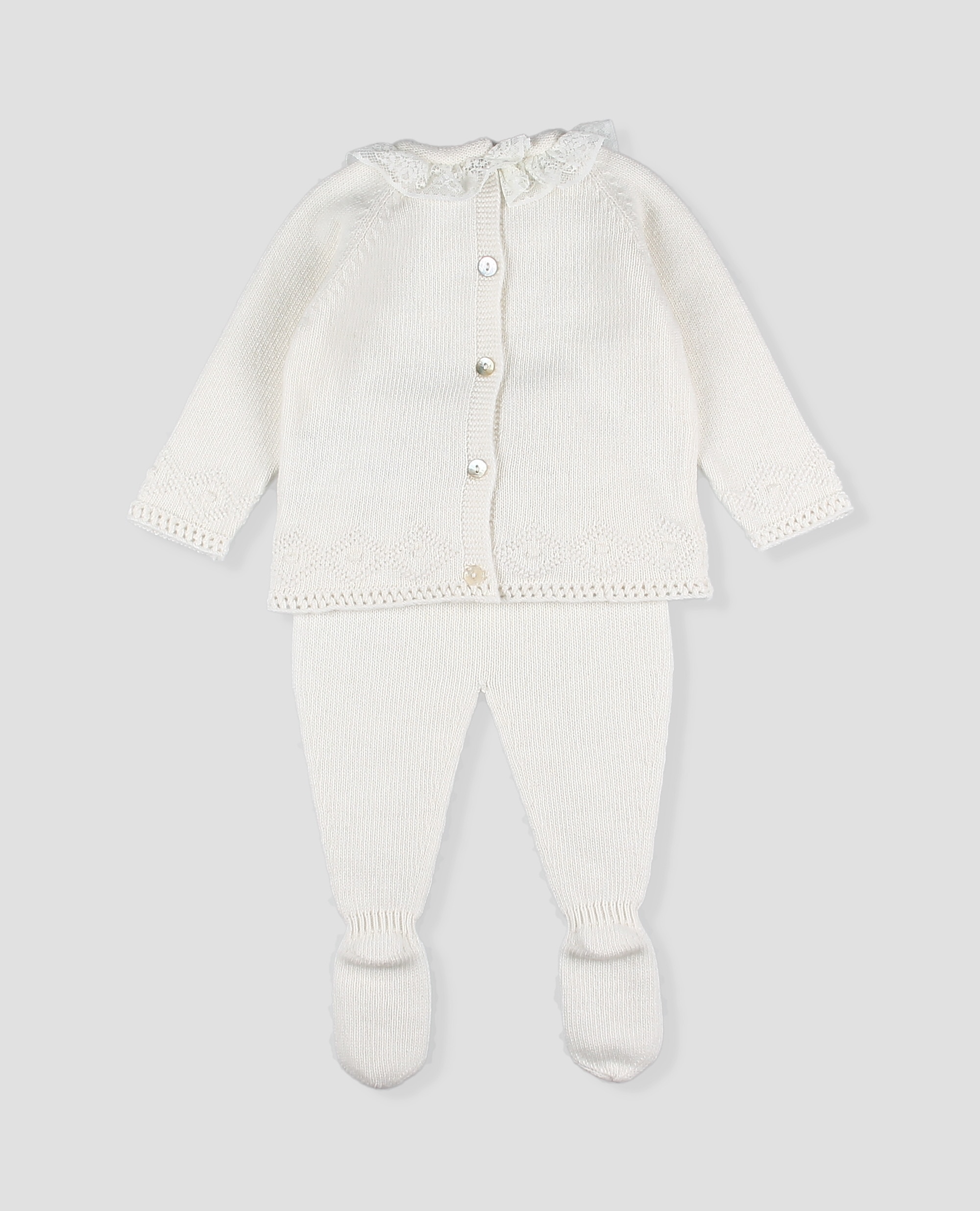 Conjunto primera puesta bebé niña punto jubon y polaina - Foque - Crudo Crudo-3