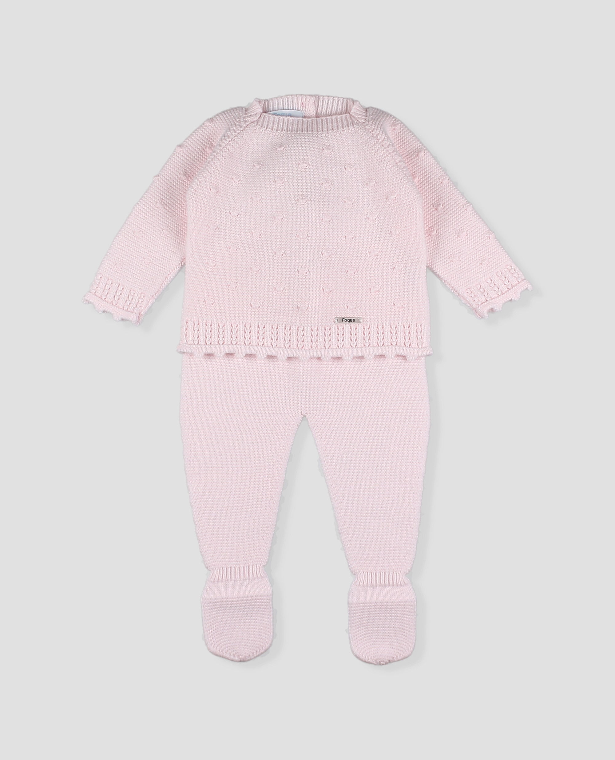 Imagen 0 de Conjunto primera puesta bebé niño en punto calado de jubón y polaina Rosa claro