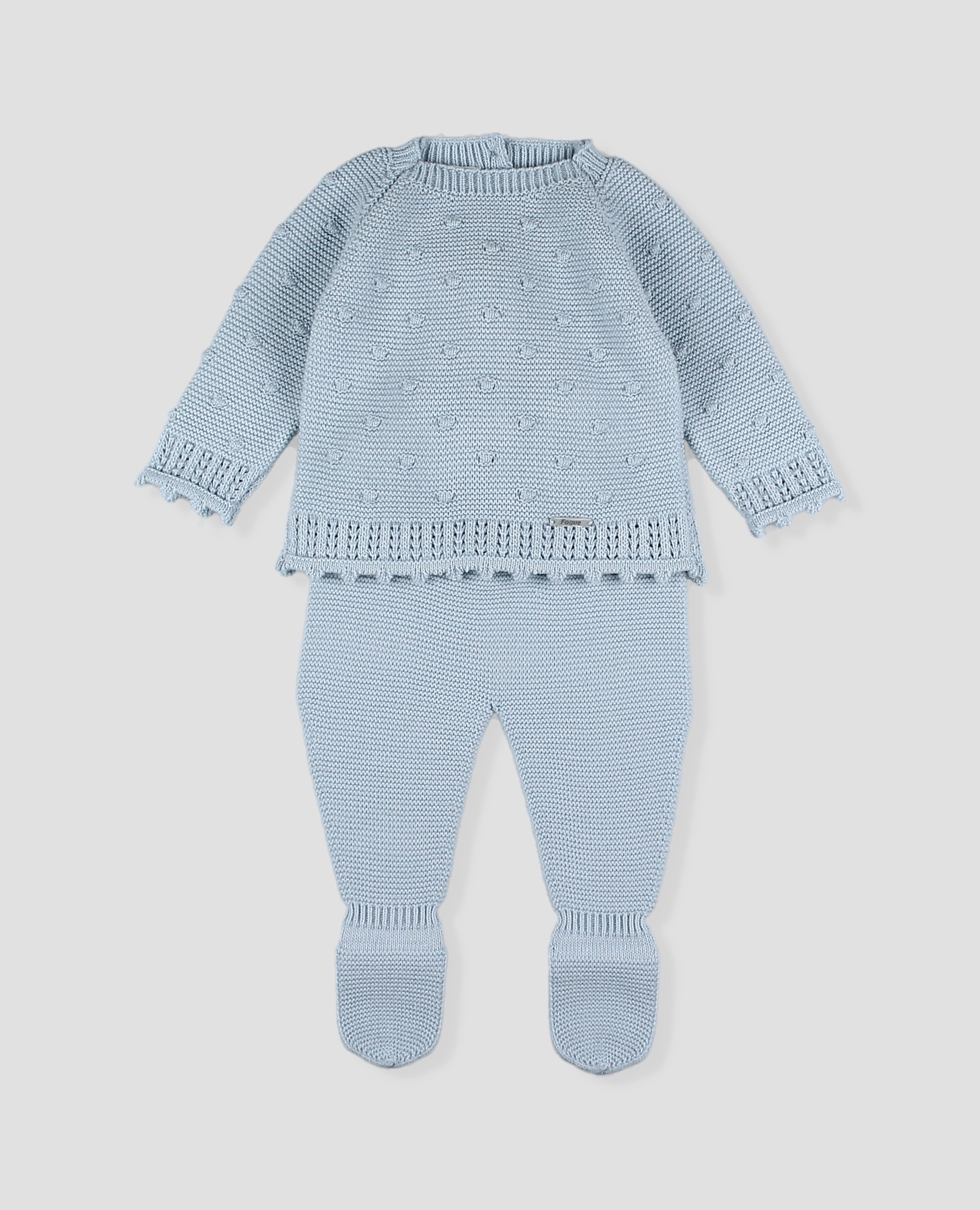 Conjunto primera puesta bebé niño en punto calado de jubón y polaina - Foque - Azul celeste Azul celeste-1