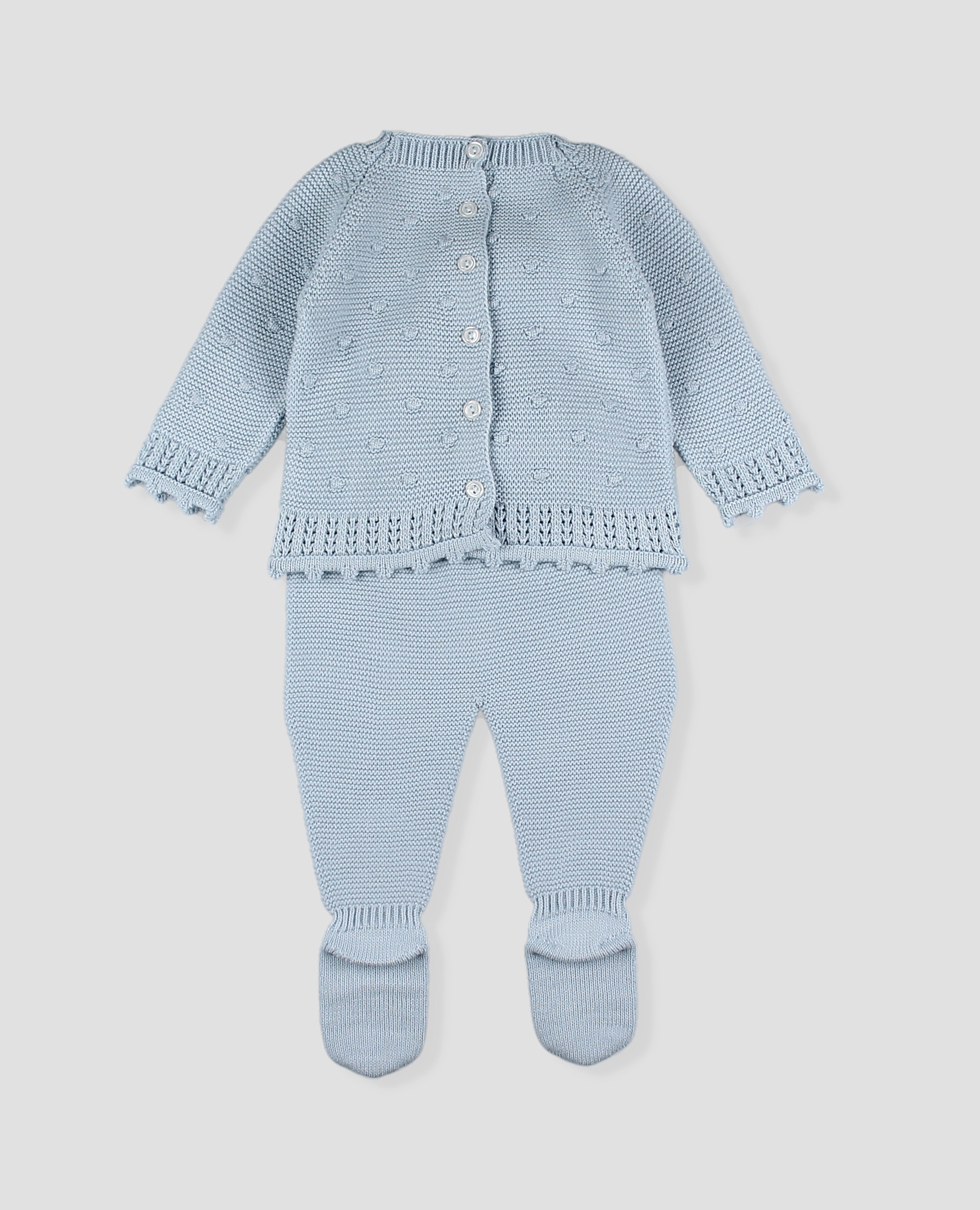 Conjunto primera puesta bebé niño en punto calado de jubón y polaina - Foque - Azul celeste Azul celeste-3