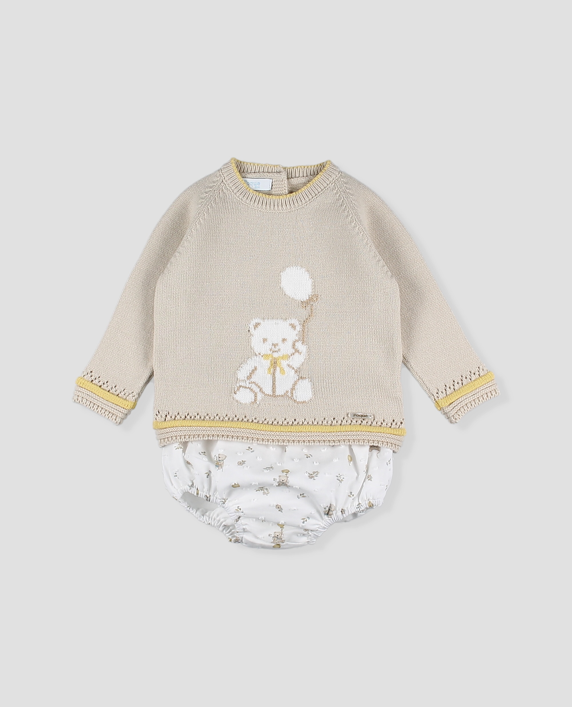 Conjunto punto bebé niño de jubón con osito y braguita estampada - Foque - Marrón piedra Marrón piedra-1