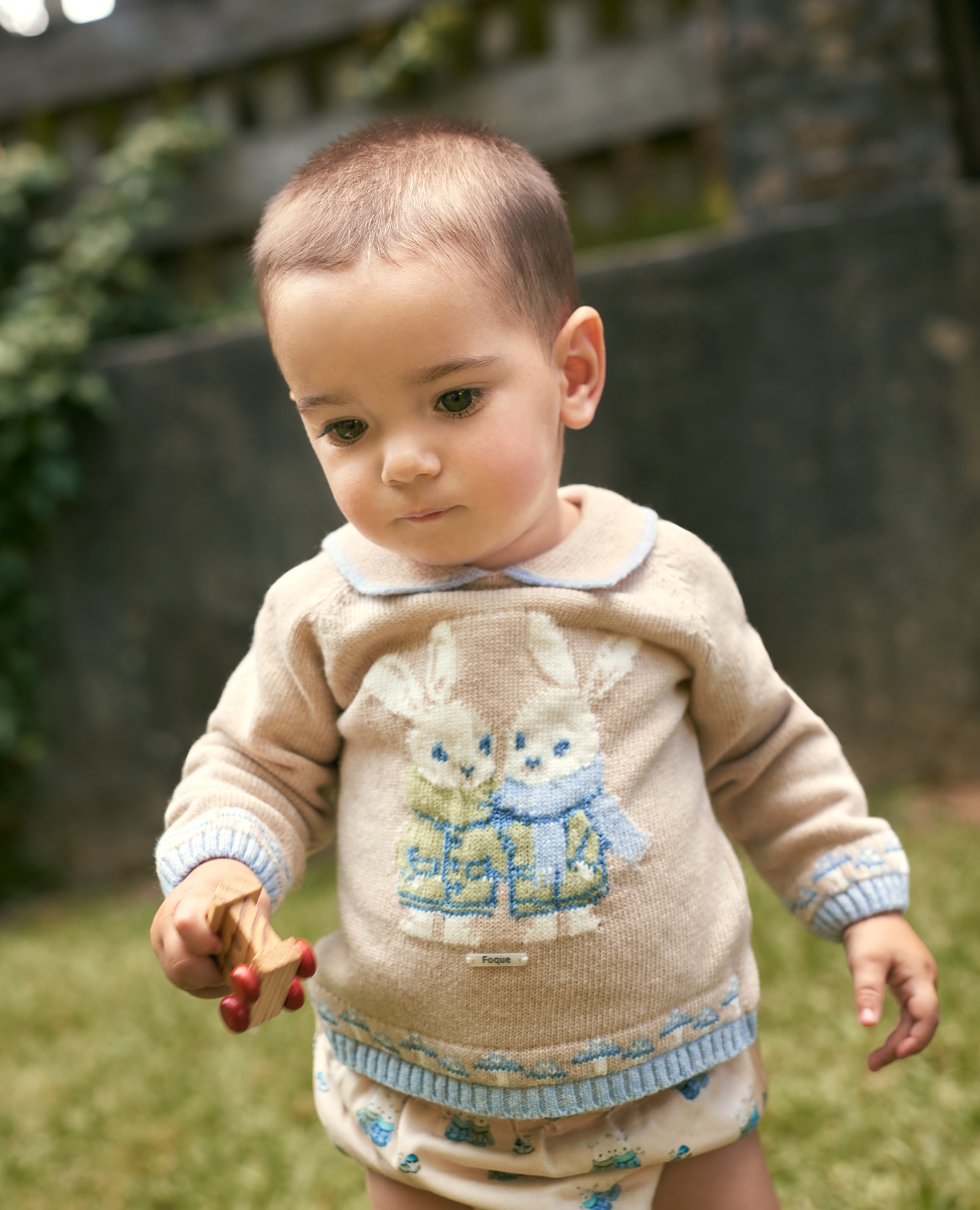 Conjunto punto bebé niño de jubón con conejito y braguita estampada - Foque - Beige Beige-1