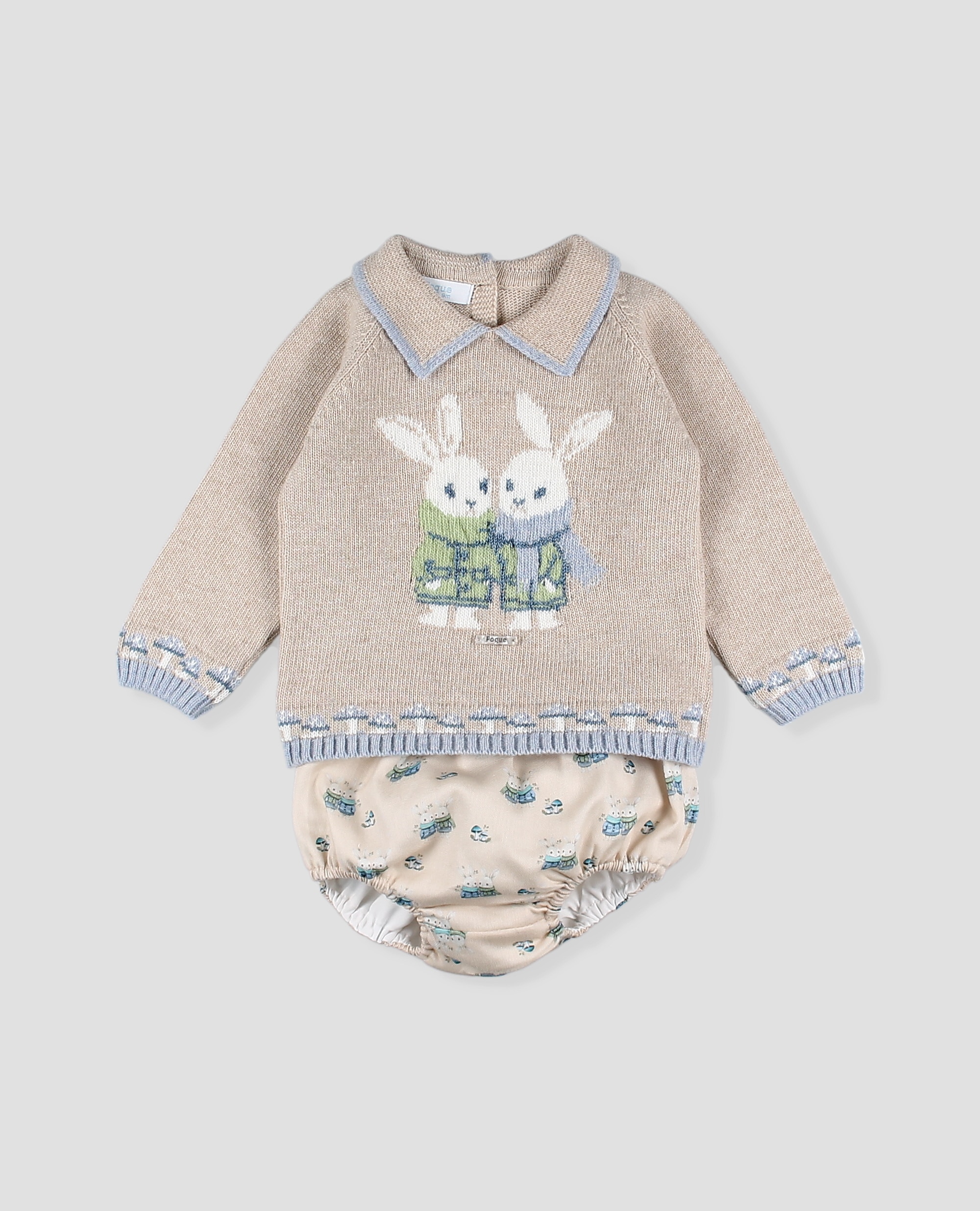 Conjunto punto bebé niño de jubón con conejito y braguita estampada - Foque - Beige Beige-3