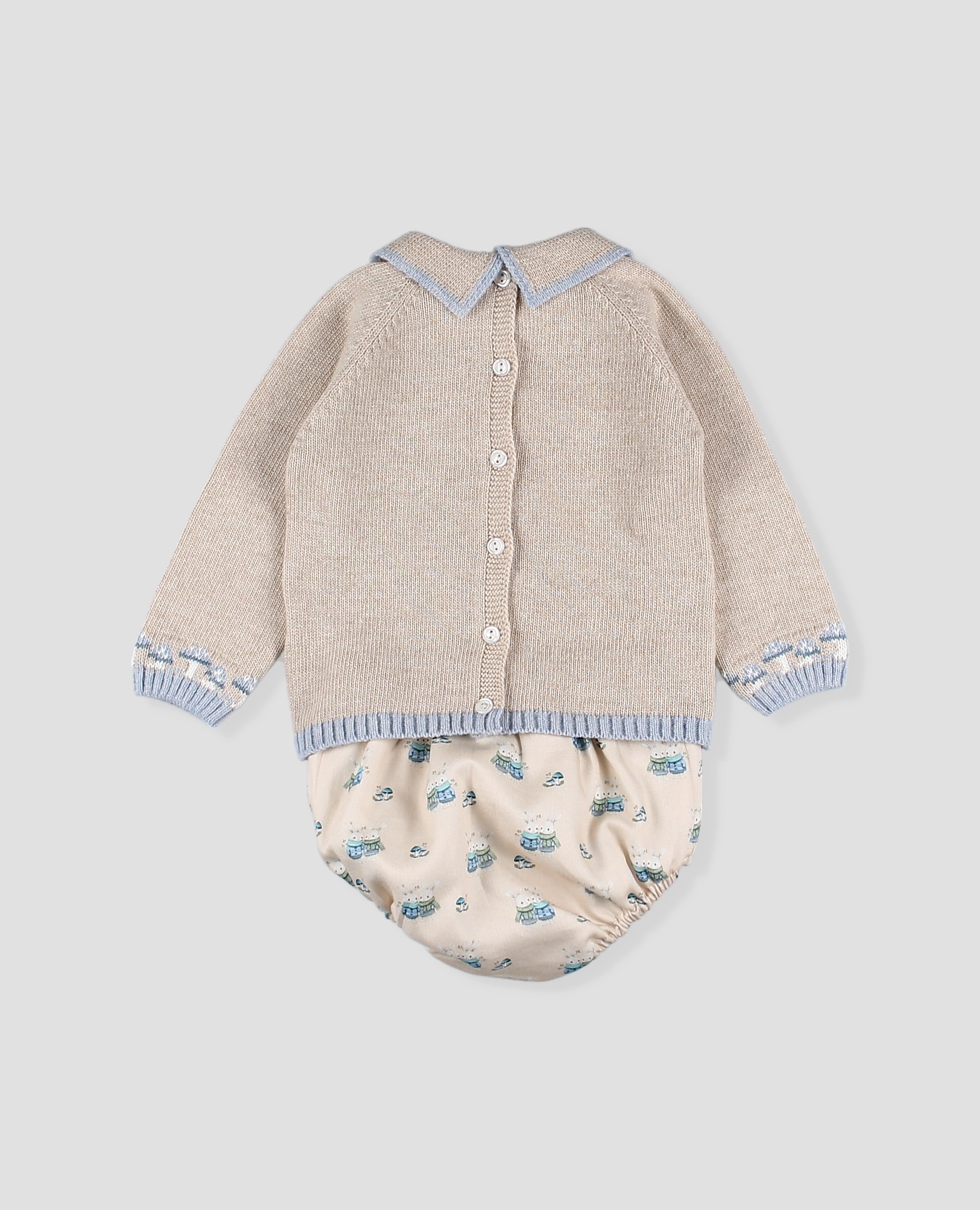 Conjunto punto bebé niño de jubón con conejito y braguita estampada - Foque - Beige Beige-2