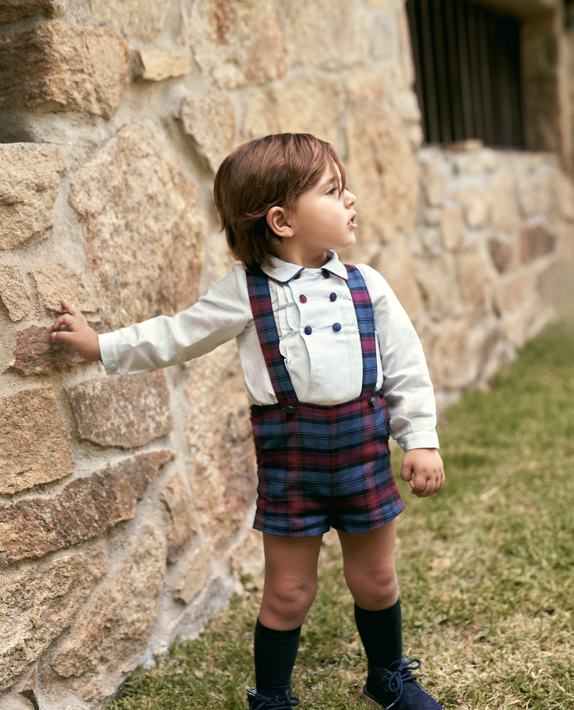 Conjunto de tela bebé niño de camisa y pantalon tartán de tirantes - Foque - Azul marino Azul marino-1