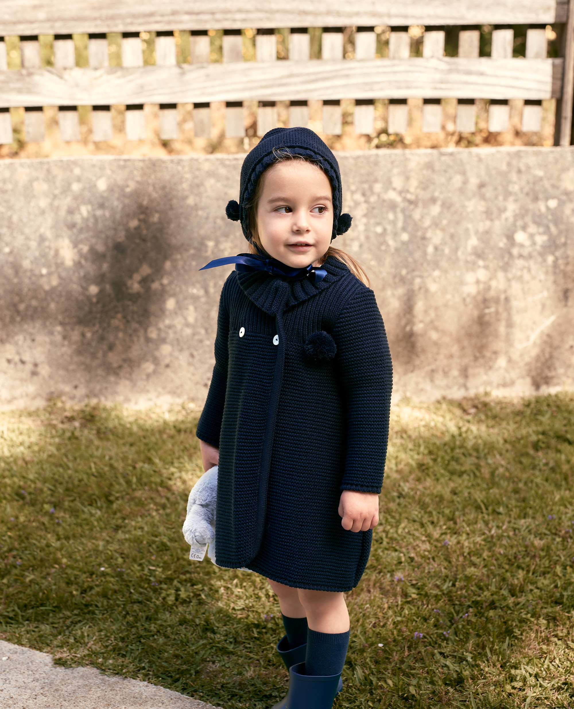 Abrigo cruzado de punto bebé niña con capota a juego - Foque - Azul marino Azul marino-1