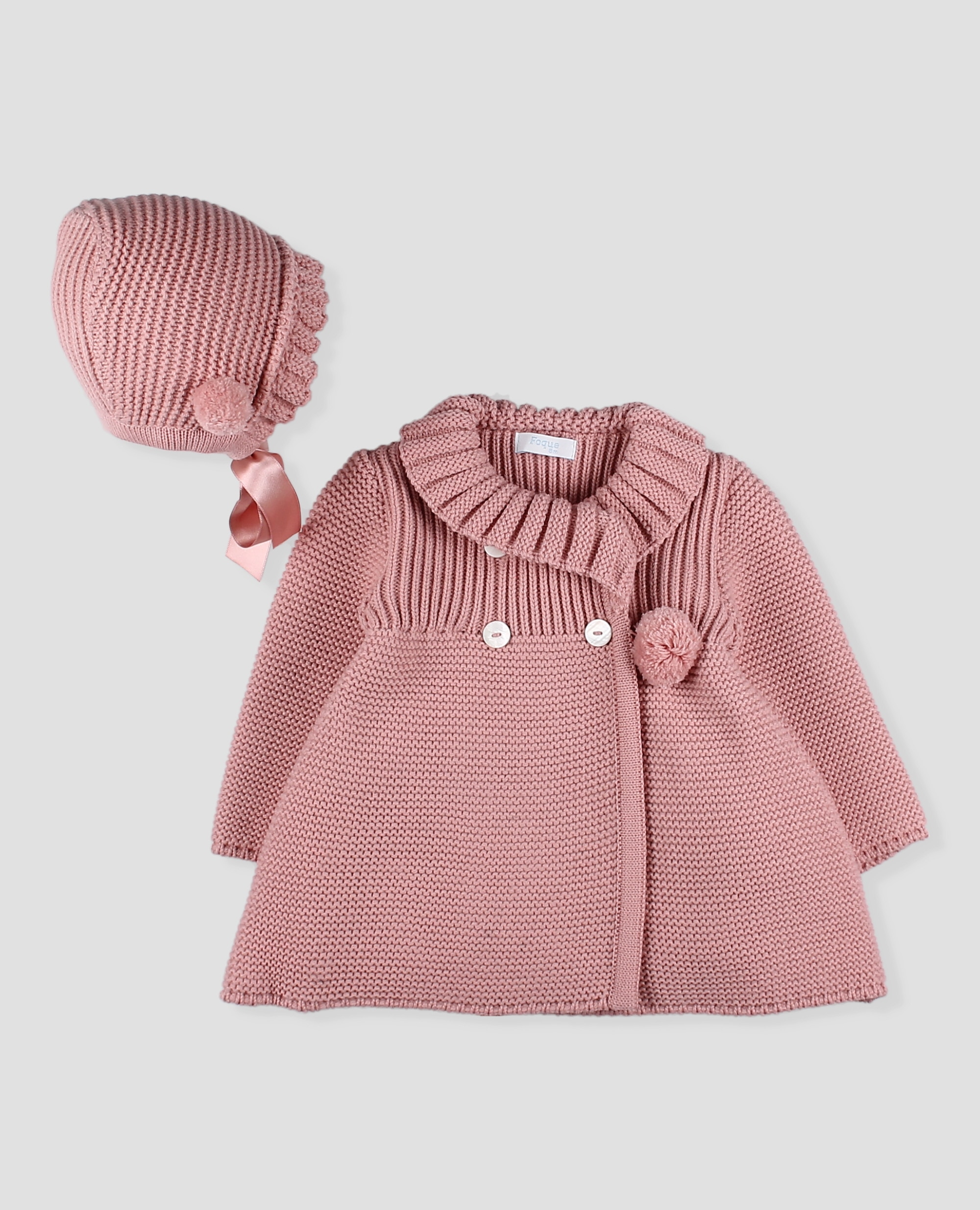 Imagen 0 de Abrigo cruzado de punto  bebé niña con capota a juego Rosa pastel