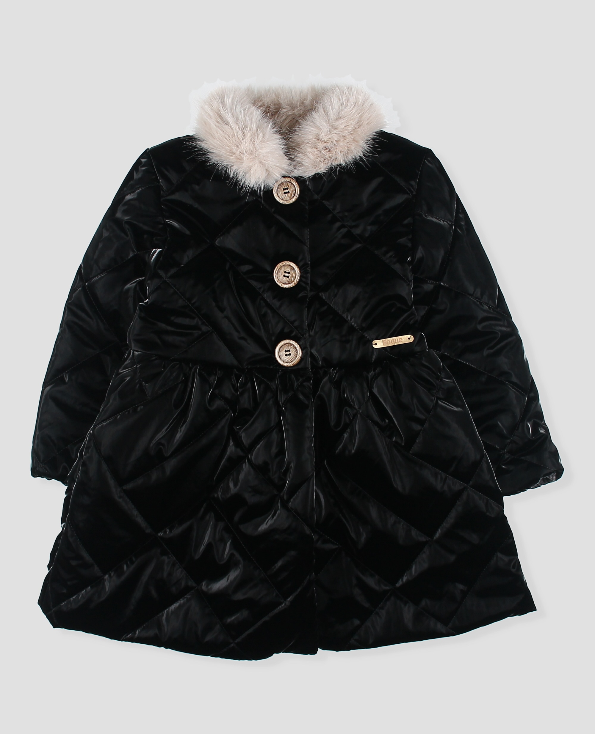 Imagen 3 de Abrigo tejido liso acolchado para niña de corte evasé y elegante cuello de pelo a contraste. - Foque - Gris oscuro Gris oscuro