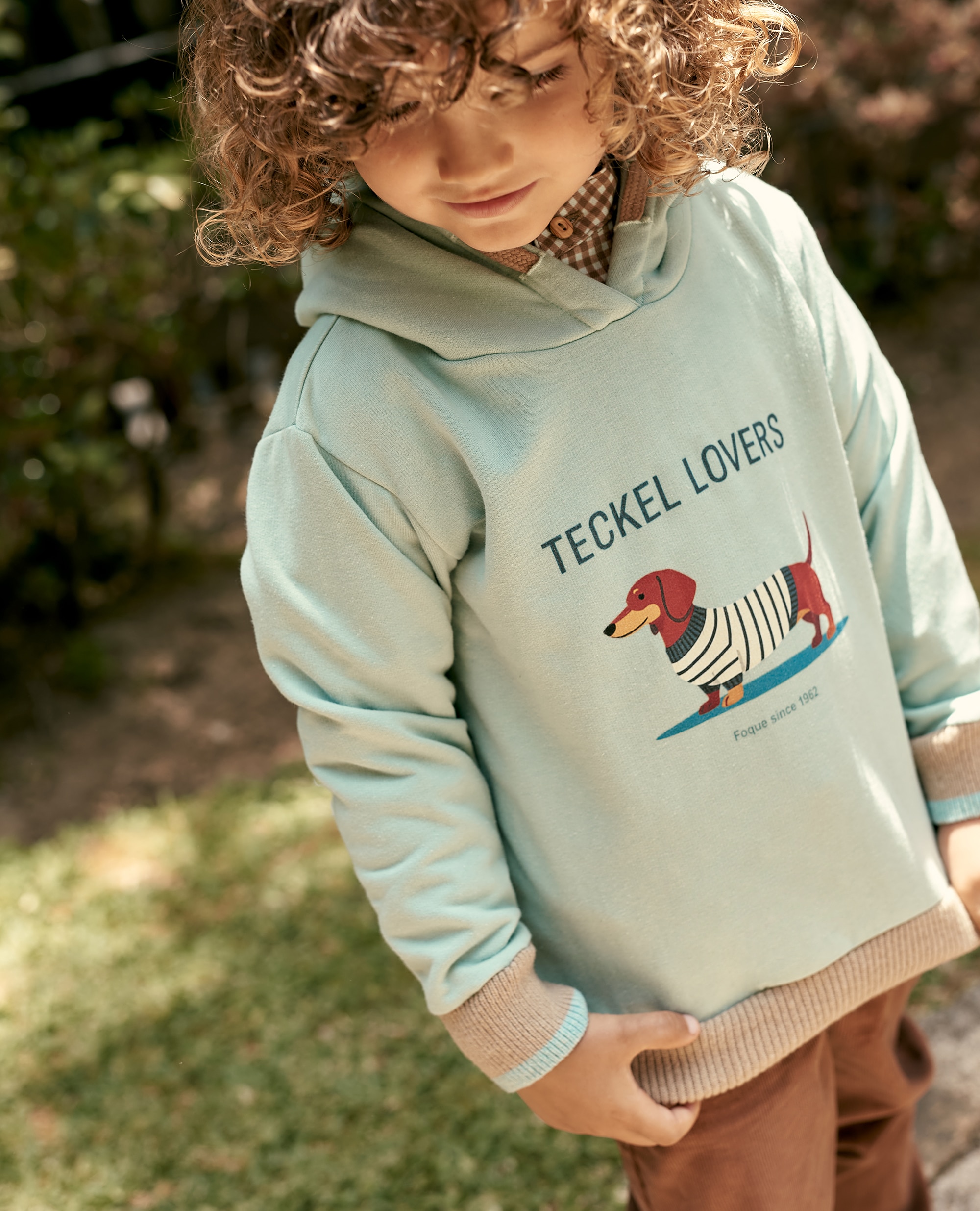 Imagen 0 de Sudadera bebé niño de algodón con capucha y dibujo de teckel Verde Agua