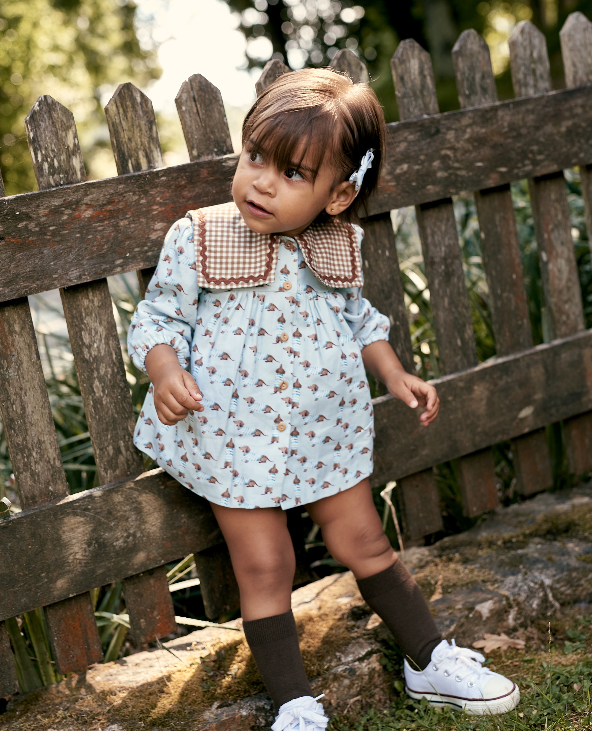 Vestido tela niña en estampado perritos con braguita vichy a contraste - Foque - Castaño claro Castaño claro-1
