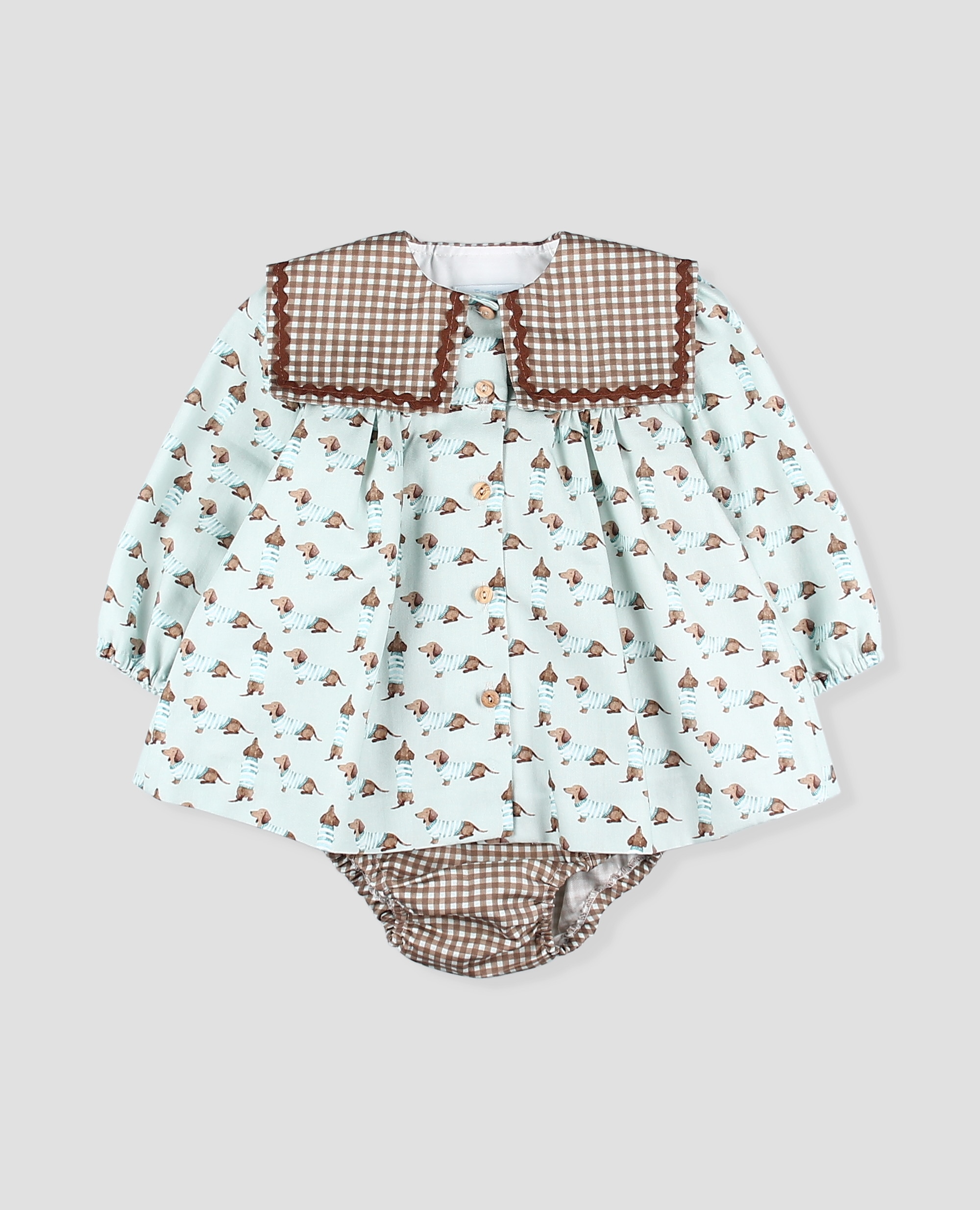 Vestido tela niña en estampado perritos con braguita vichy a contraste - Foque - Castaño claro Castaño claro-3