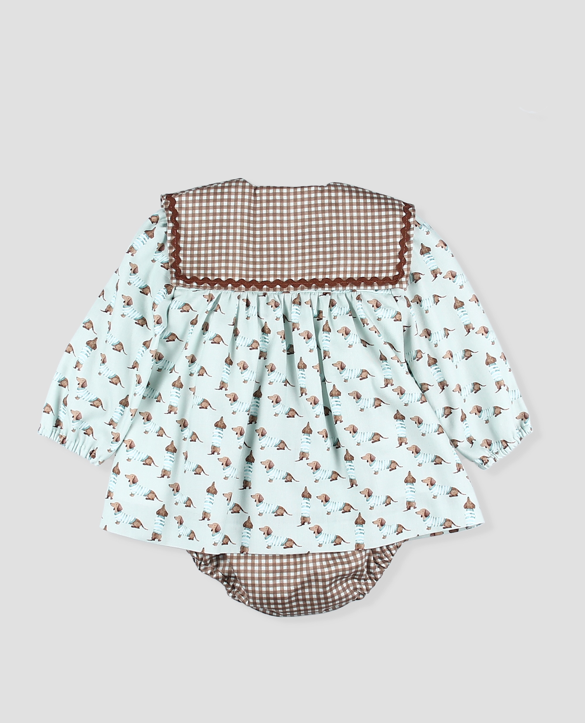 Vestido tela niña en estampado perritos con braguita vichy a contraste - Foque - Castaño claro Castaño claro-2