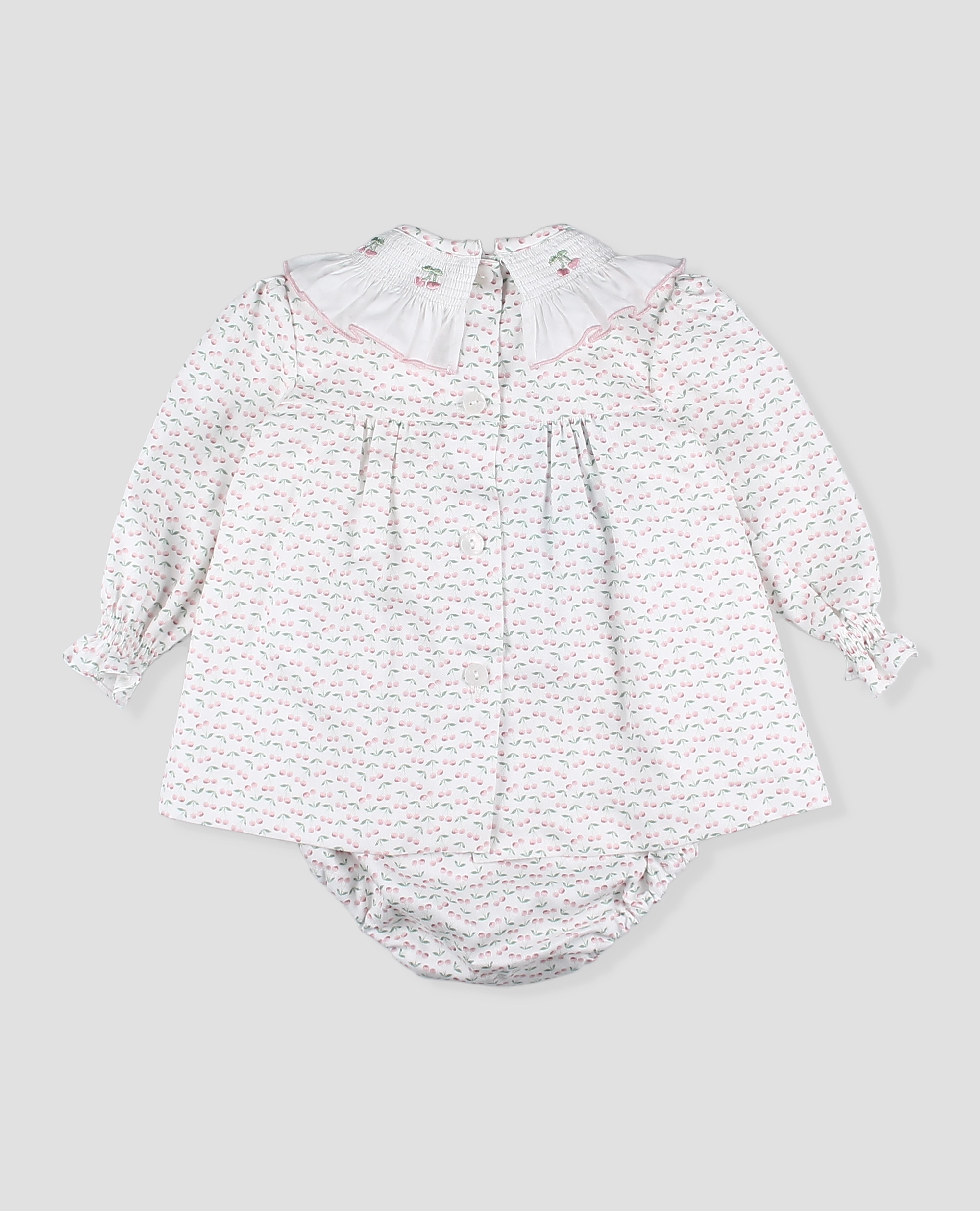 Vestido tela con braguita bebé niña con nido de abeja en estampado de cerezas - Foque - Rosa claro Rosa claro-2