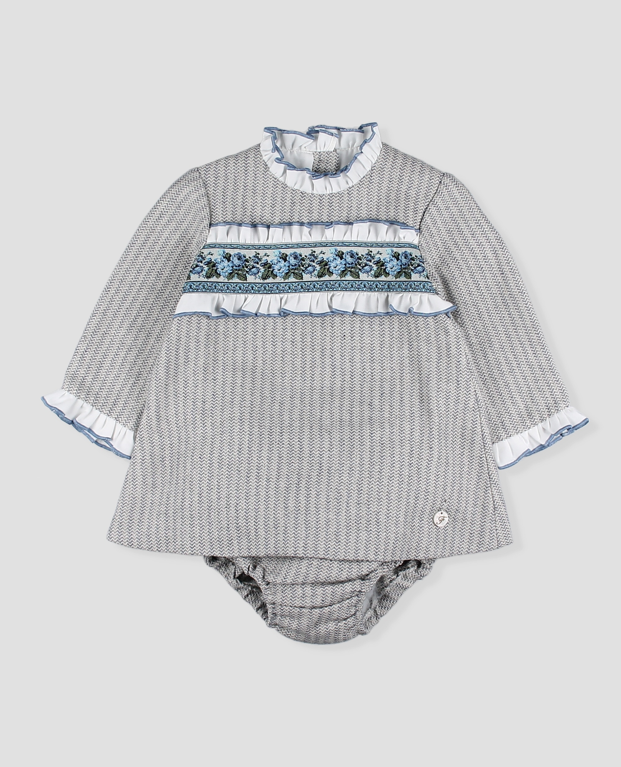 Vestido tela con braguita bebé niña en espiga con cenefa de flores - Foque - Gris claro Gris claro-1