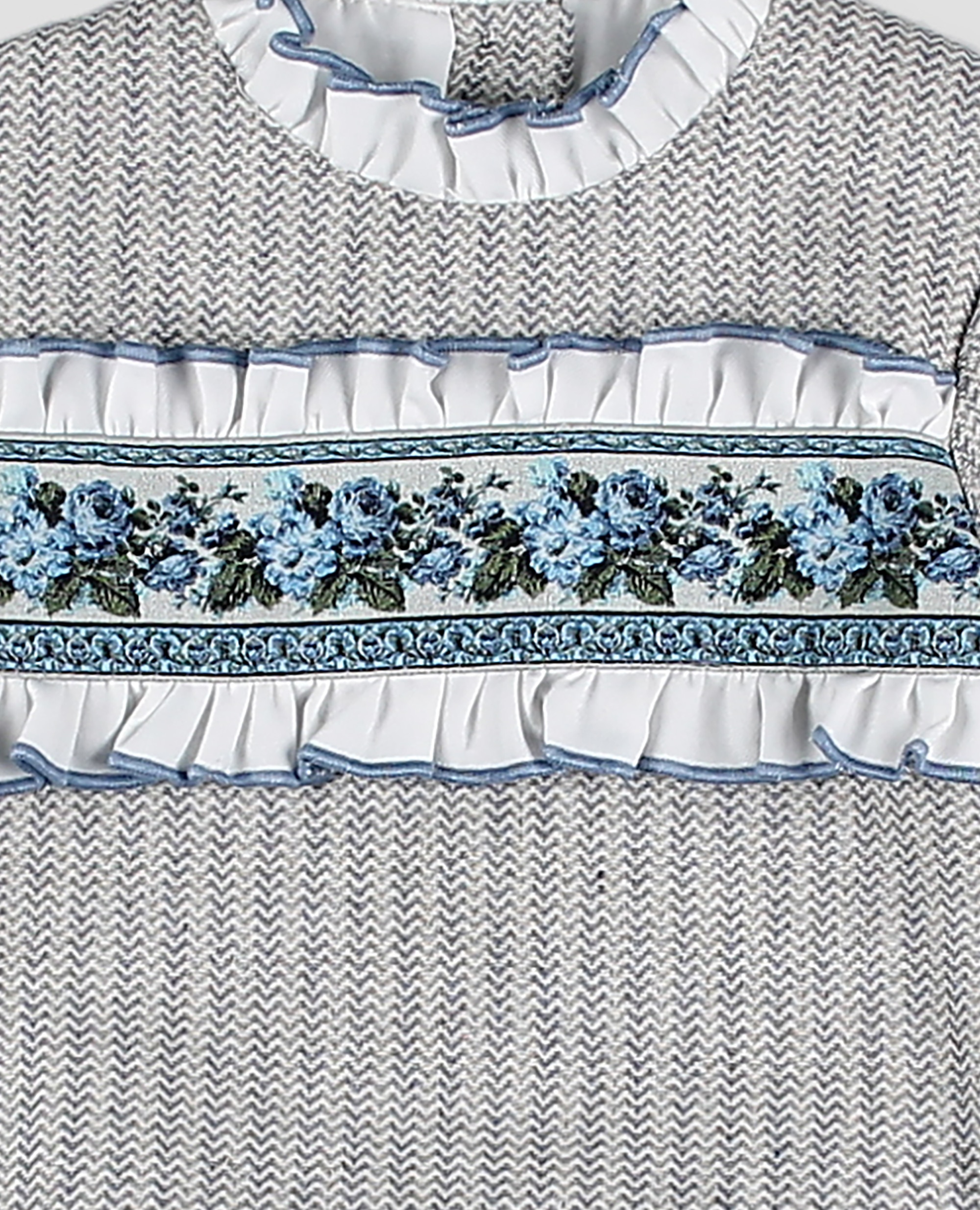 Vestido tela con braguita bebé niña en espiga con cenefa de flores - Foque - Gris claro Gris claro-2