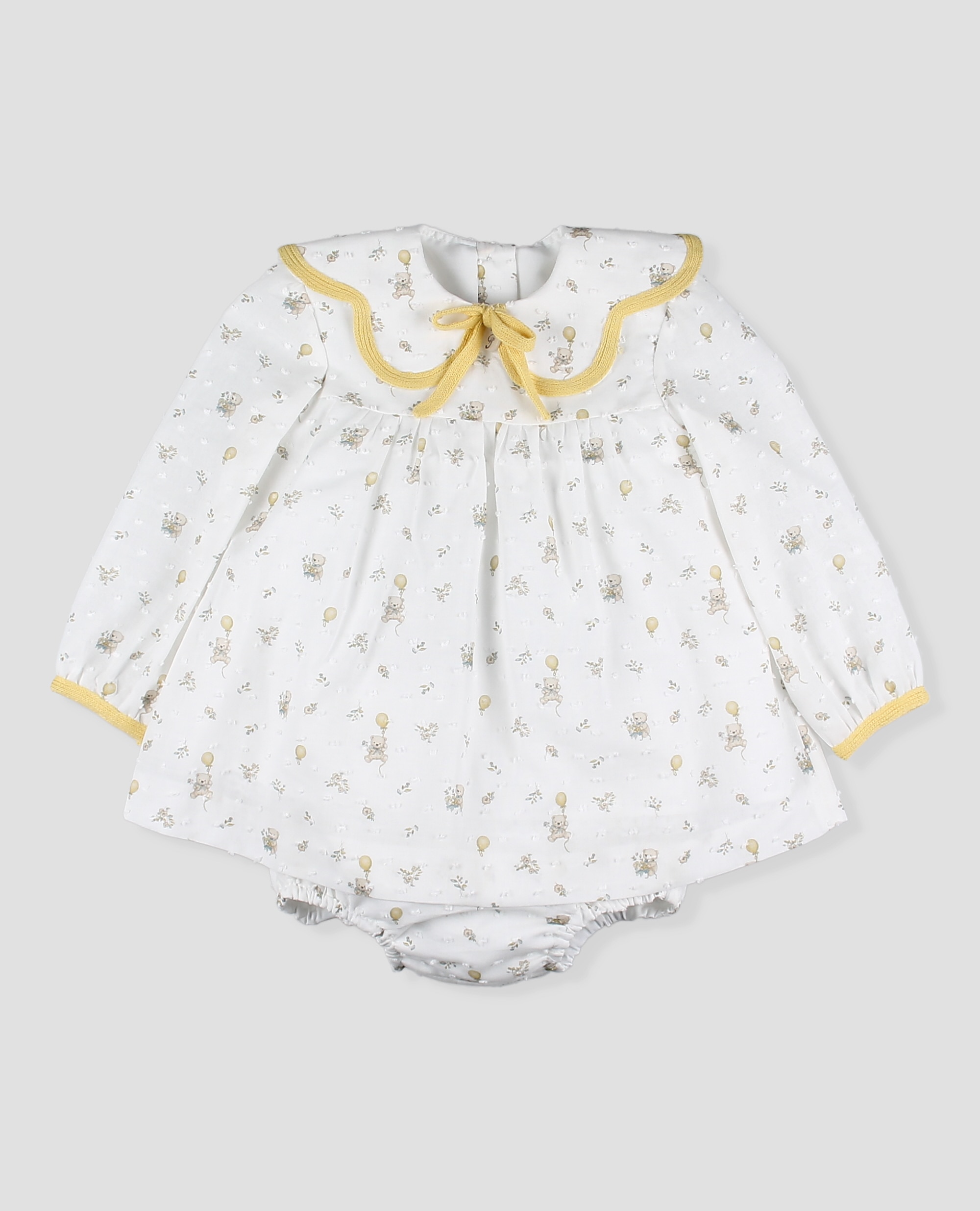 Vestido tela con braguita bebé niña en plumeti estampado de ositos - Foque - Crema Crema-1