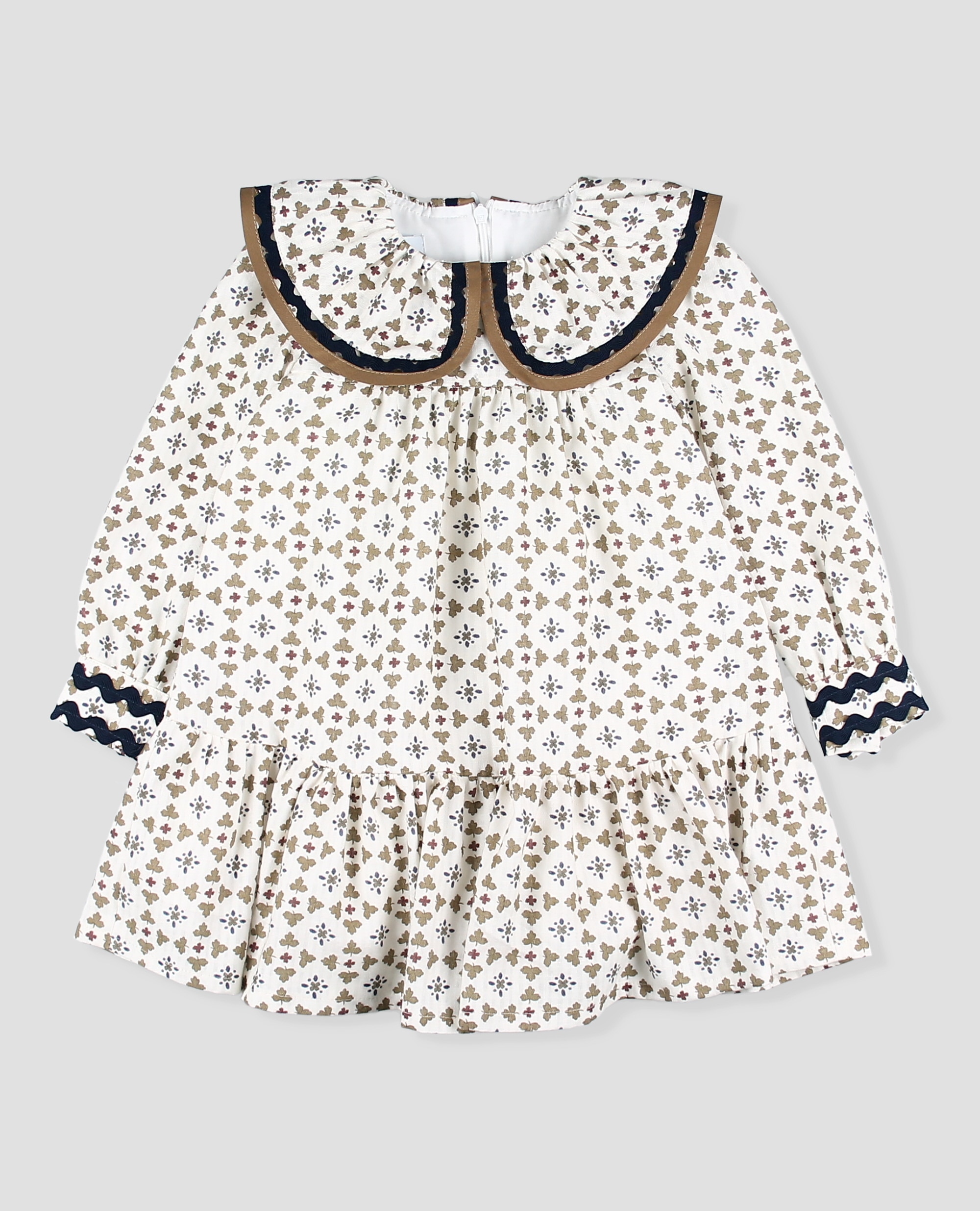Vestido tela bebé niña en estampado geométrico con cuello volante - Foque - Musgo Musgo-1