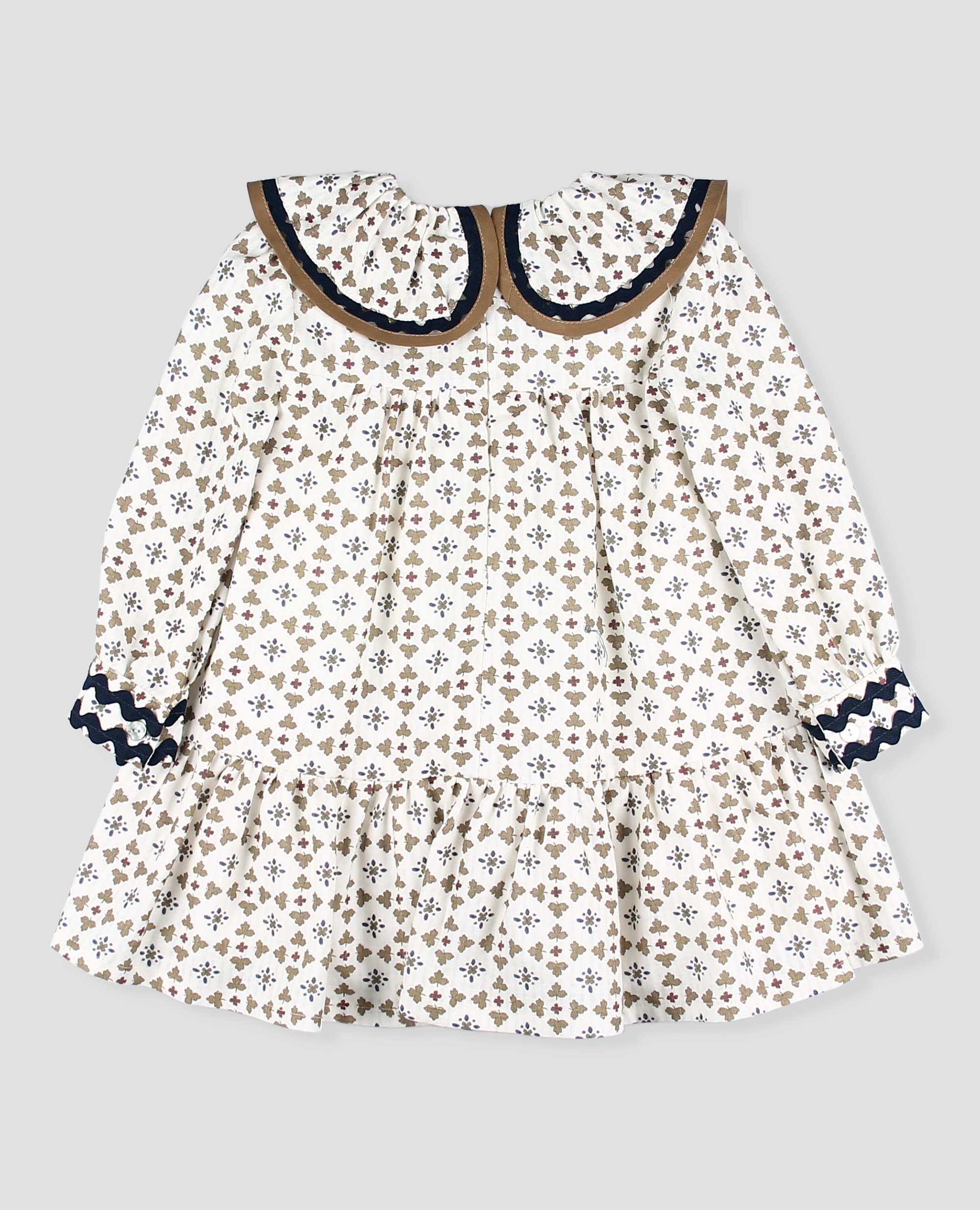 Vestido tela bebé niña en estampado geométrico con cuello volante - Foque - Musgo Musgo-3