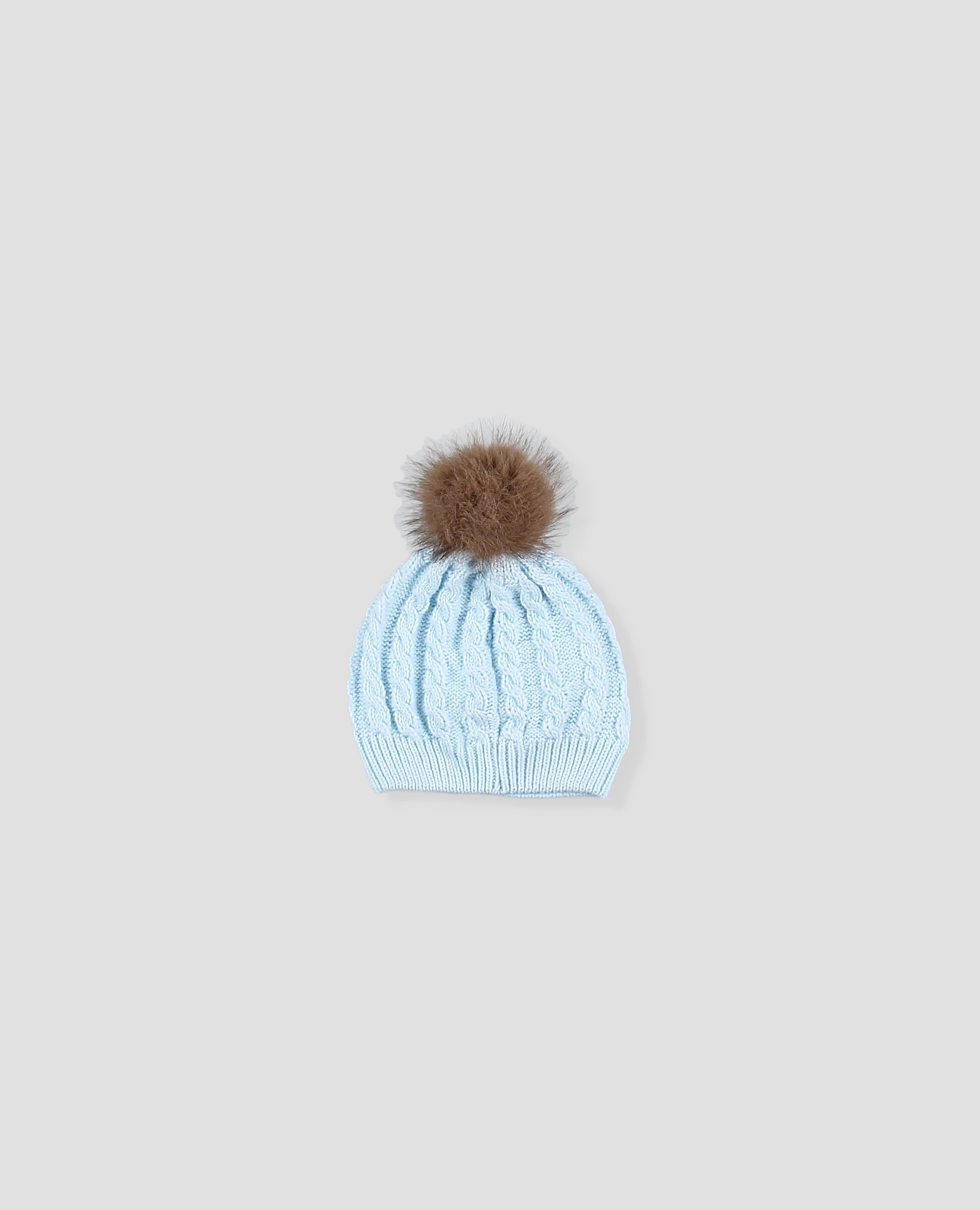 Gorro de punto en ochos para bebé con pompón de pelo - Foque - Azul celeste Azul celeste-3