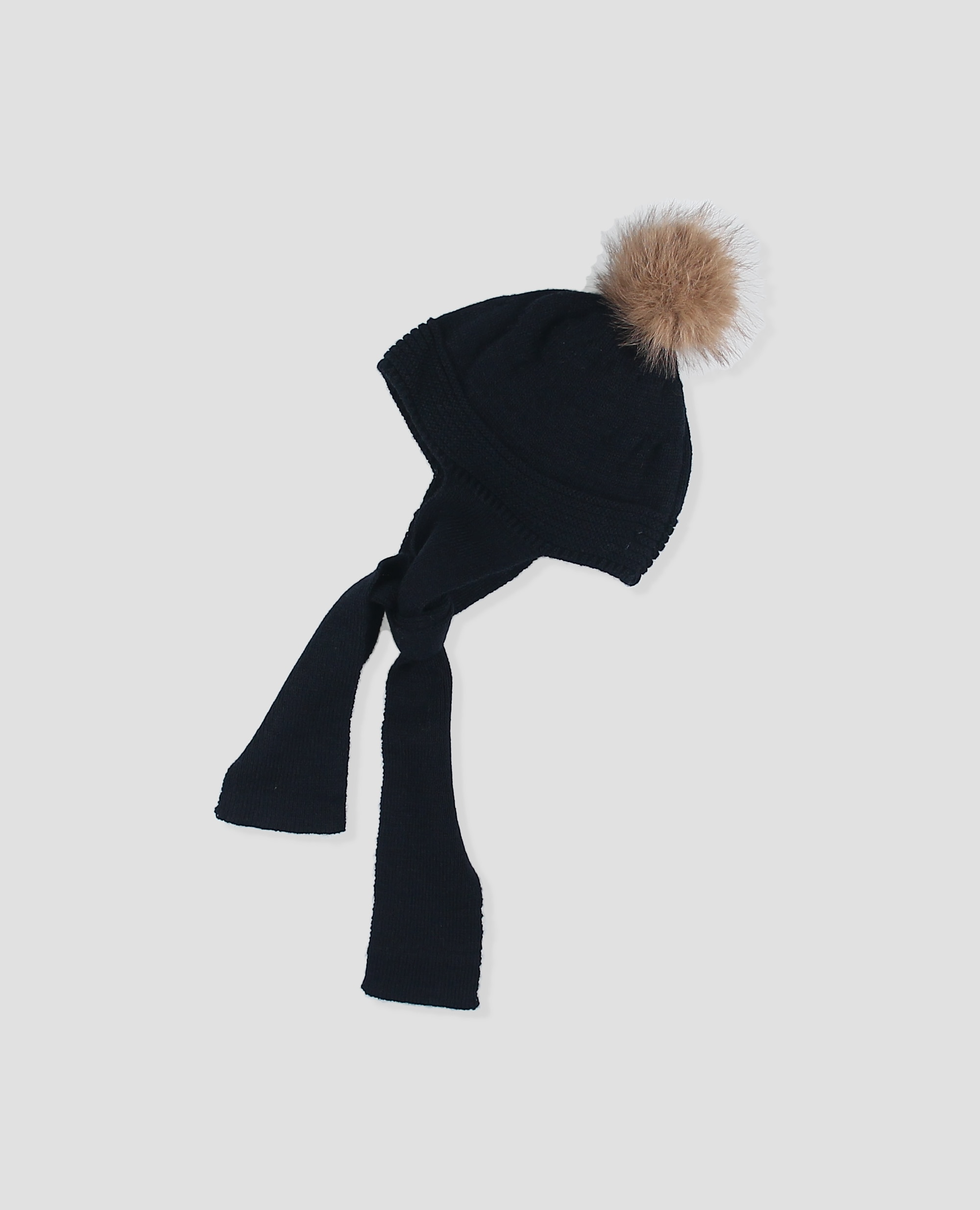 Imagen 0 de Gorro bufanda de punto con pompón de pelo para bebé Azul marino