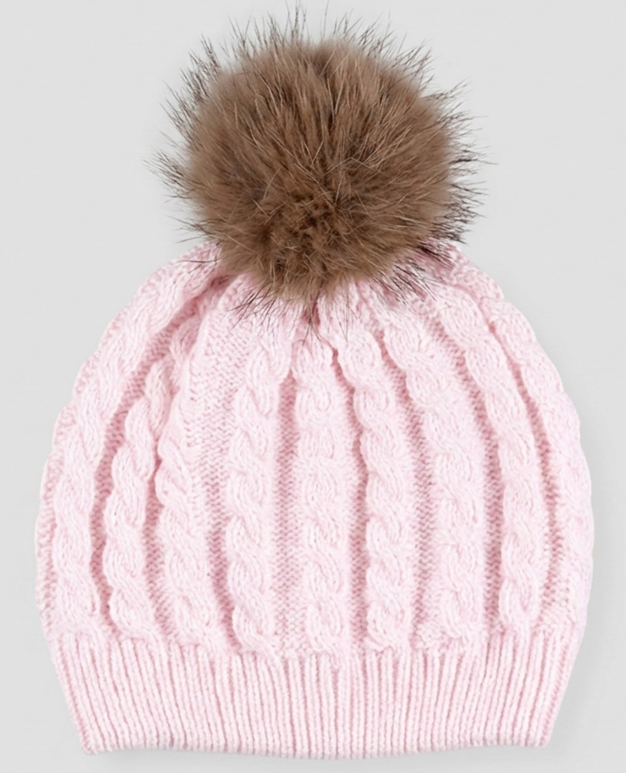 Gorro de punto en ochos para bebé con pompón de pelo - Foque - Rosa Rosa-2