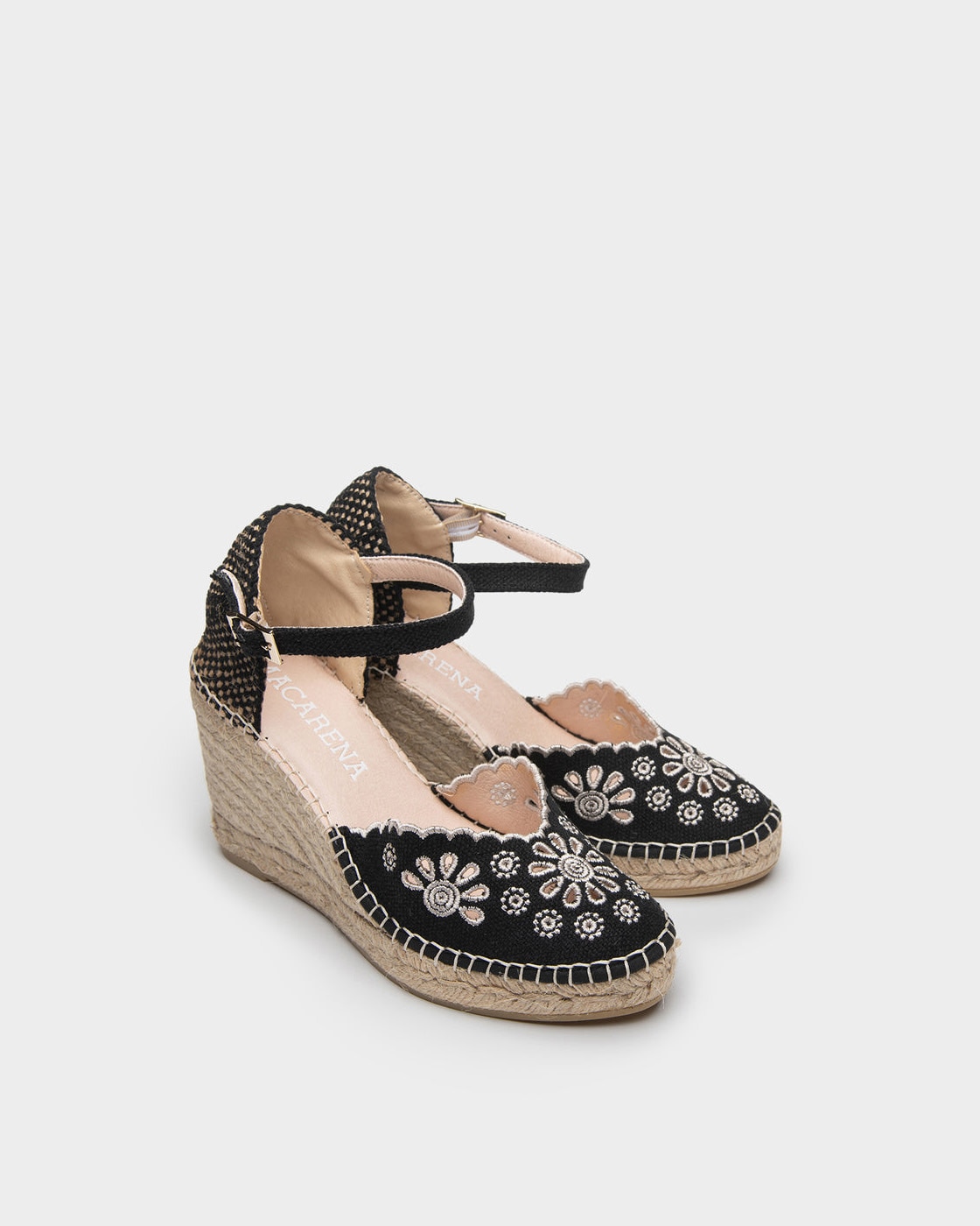 Alpargatas de esparto con cuña en rafia bordada - Macarena - Negro Negro-2