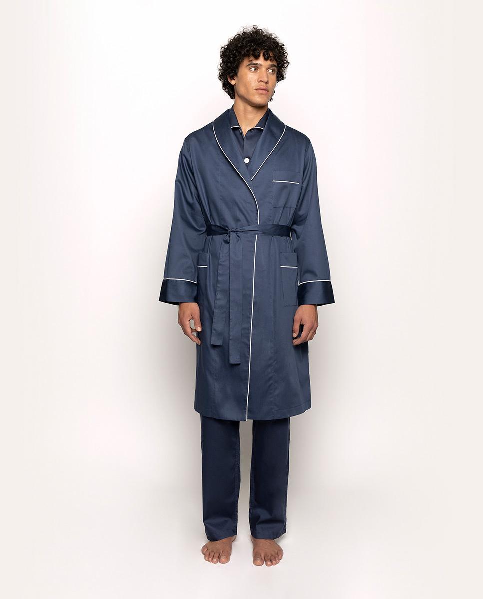 Bata de hombre cruzada de algodón satinado con cinturón - Mirto - Azul marino Azul marino-3