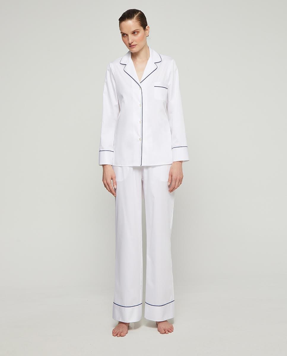 Pijama completo de mujer largo liso de algodón - Mirto - Blanco Blanco-1