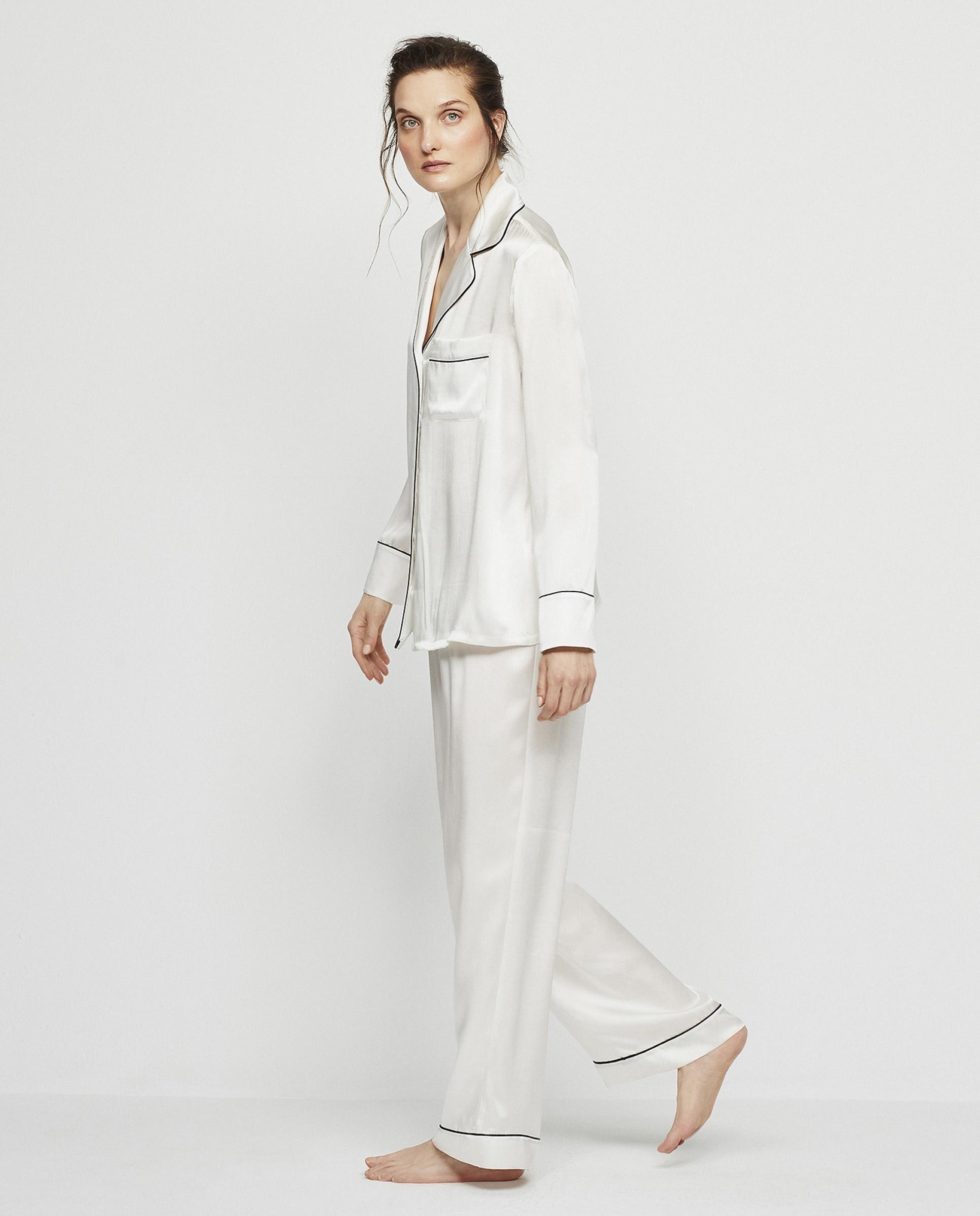 Pijama completo de mujer largo liso de seda elástica - Mirto - Blanco Blanco-1