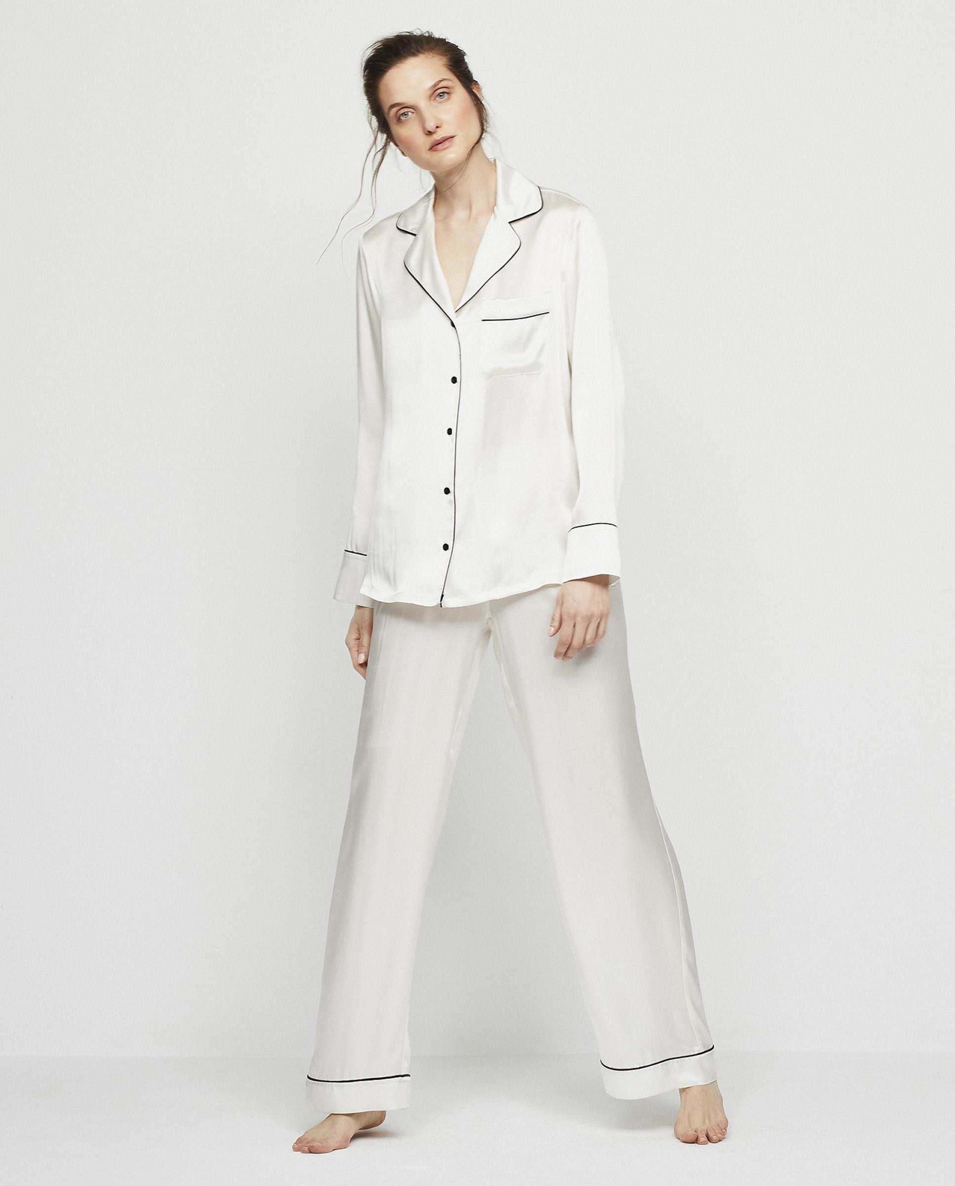 Pijama completo de mujer largo liso de seda elástica - Mirto - Blanco Blanco-4