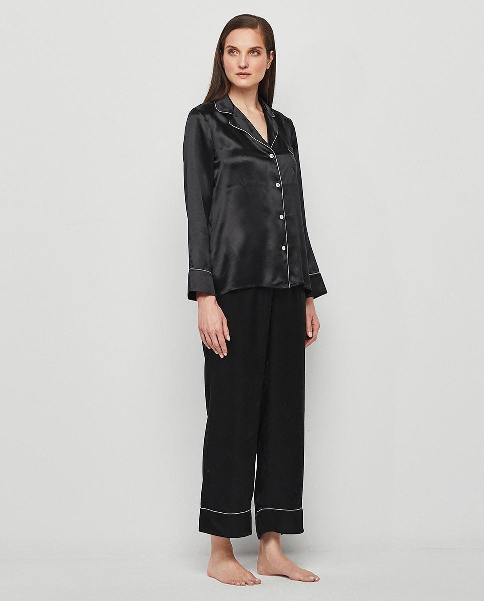 Imagen 0 de Pijama completo de mujer largo liso de seda elástica Negro