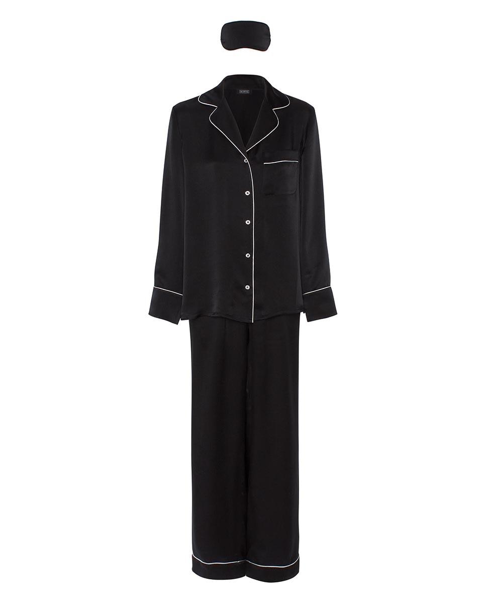 Pijama completo de mujer largo liso de seda elástica - Mirto - Negro Negro-4