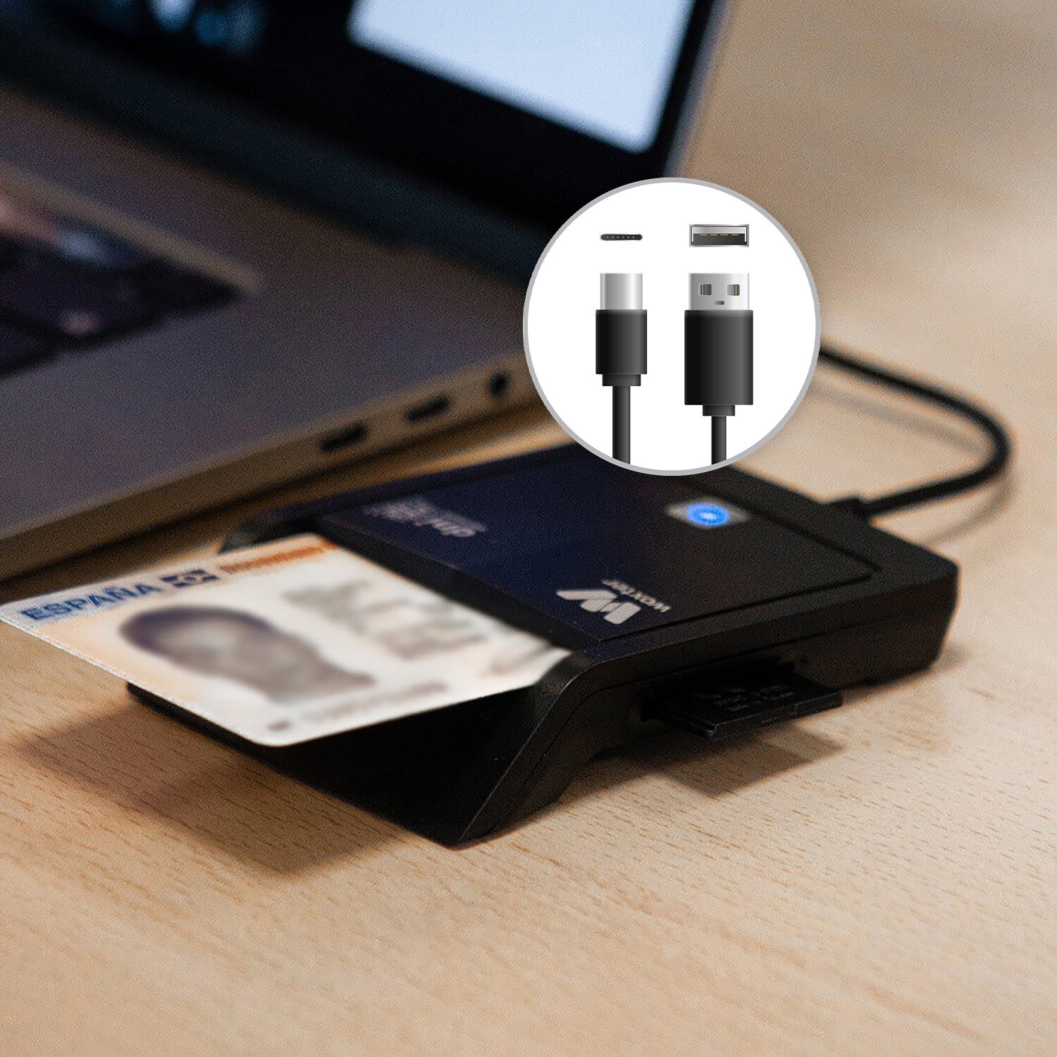 Lector DNI Electrónico Woxter, Lector DNIe USB C + Adaptador USBC a USB A - Azul Azul-6