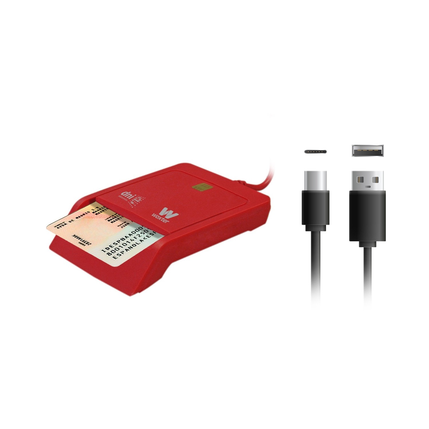 WOXTER - Lector DNI Electrónico Woxter, Lector DNIe USB C + Adaptador USBC a USB A Rojo.