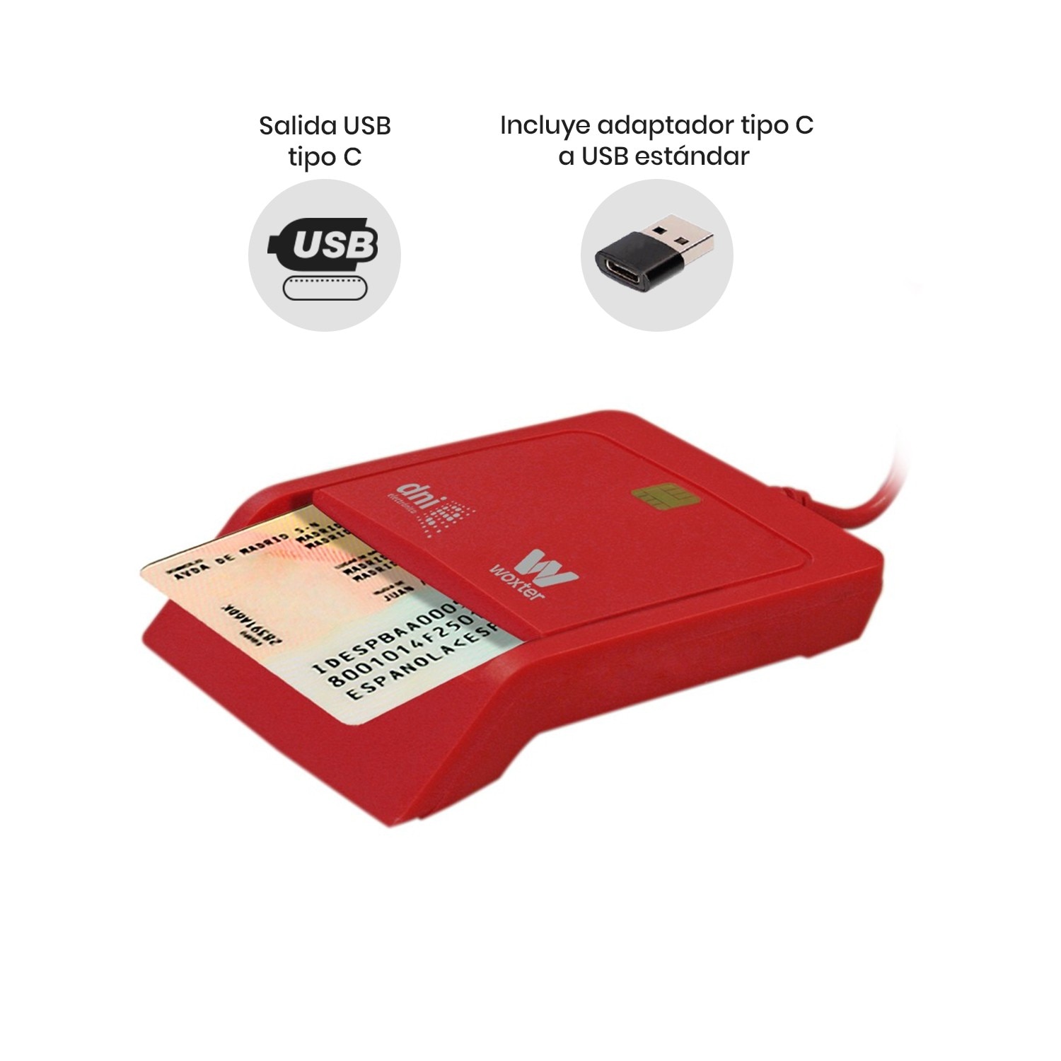 Lector DNI Electrónico Woxter, Lector DNIe USB C + Adaptador USBC a USB A - Rojo Rojo-2