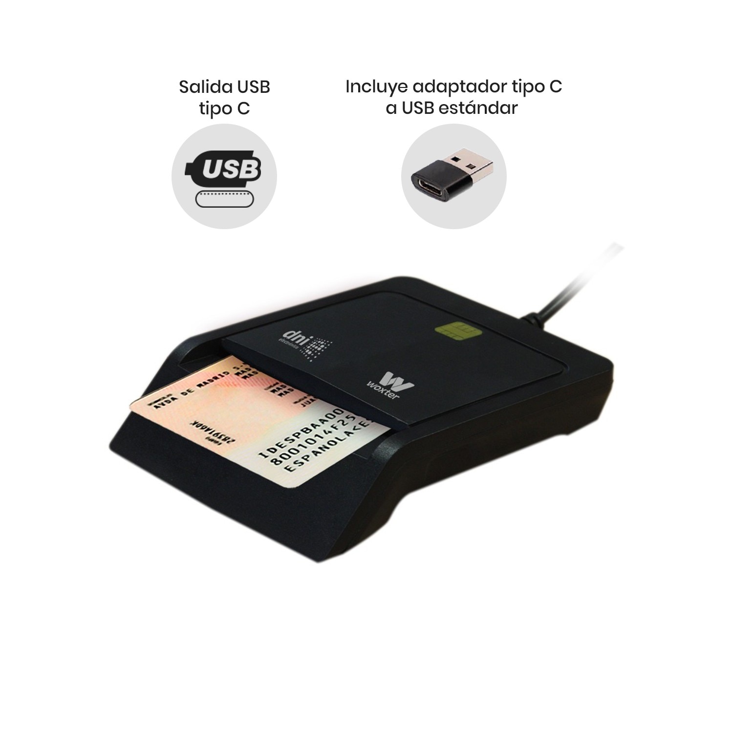 Lector DNI Electrónico Woxter, Lector DNIe USB C + Adaptador USBC a USB A - Negro Negro-3