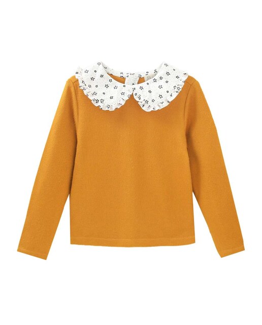 Imagen 0 de Sudadera de niña con cuello Peter pan en tejido de punto color mostaza