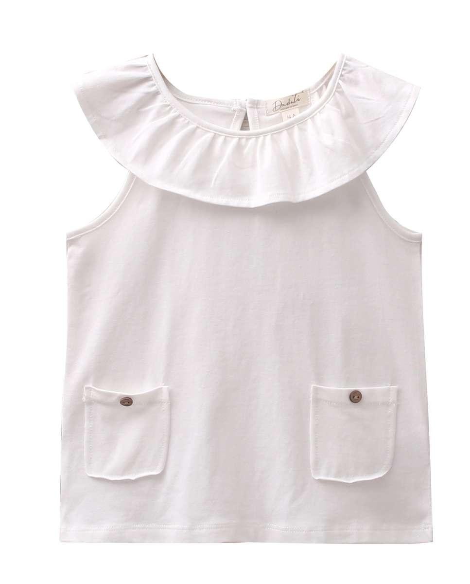 Camiseta de niña con cuello volante y bolsillos - Dadati - Blanco Blanco-1