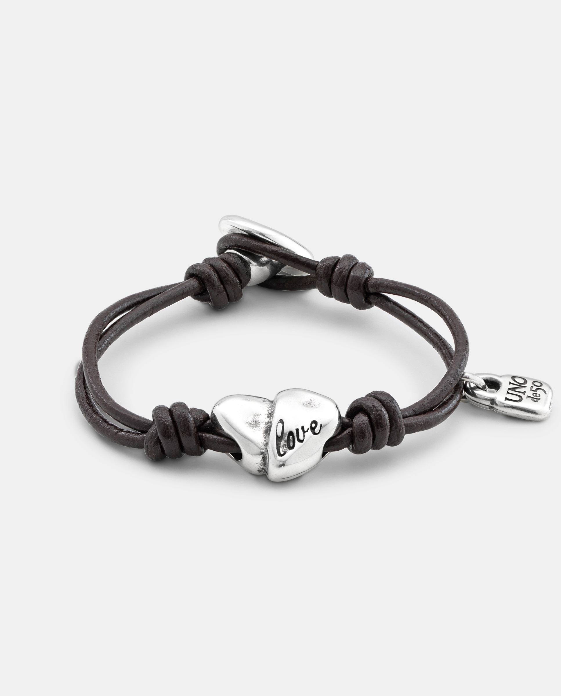 Imagen 0 de Pulsera cuero con pieza central en forma de corazón irregular Plata