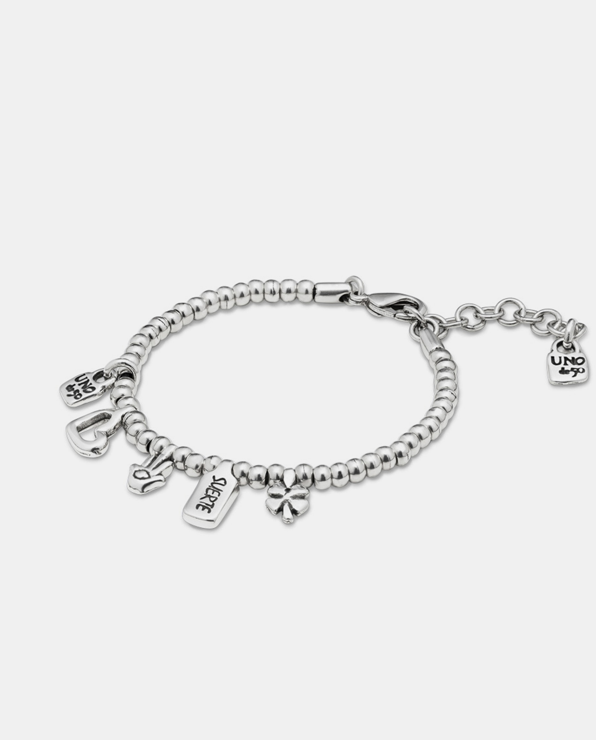 Pulsera bañada en plata de ley con charm corazón, trébol y mano - Plata Plata-3