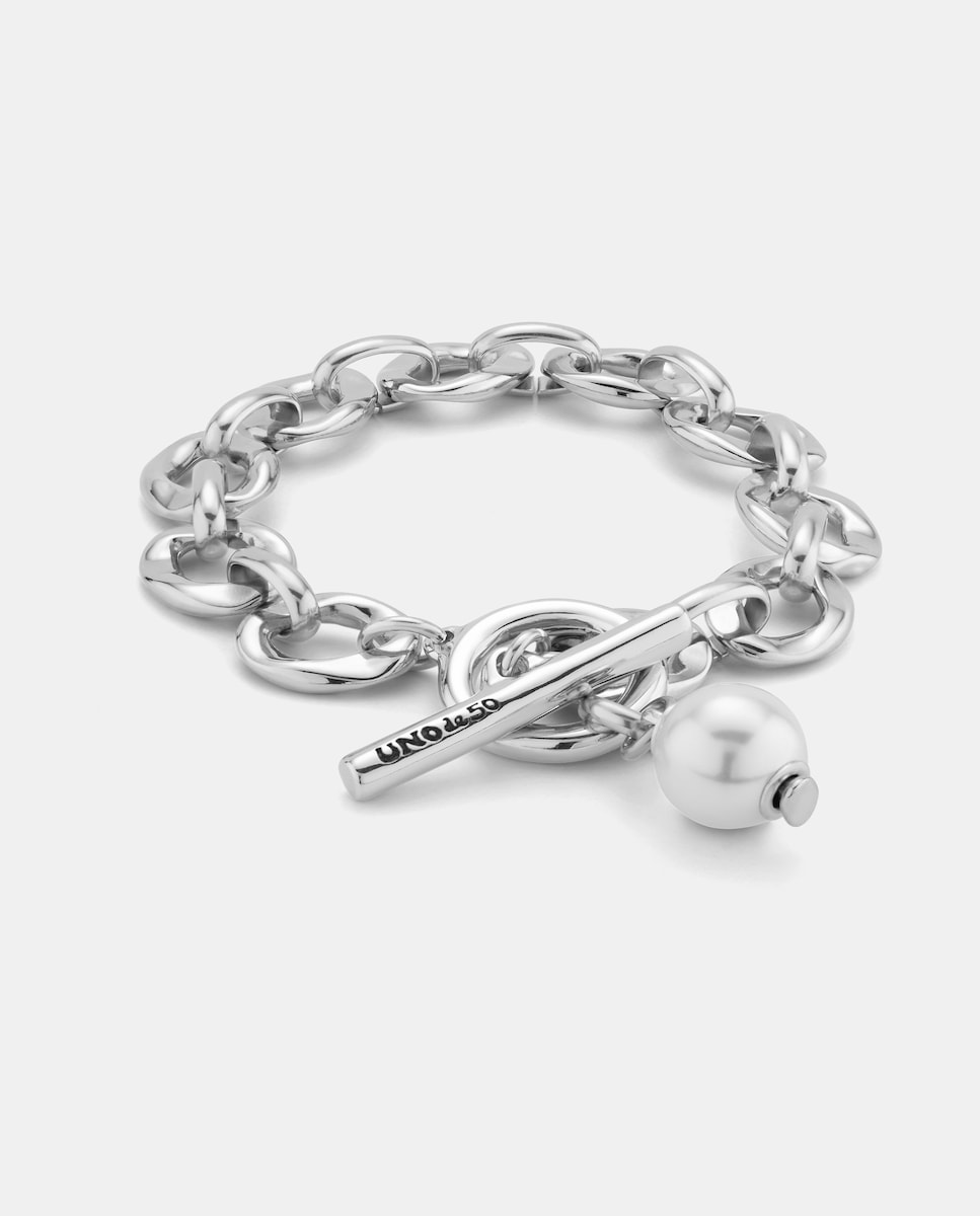 Pulsera bañada en plata de ley con eslabones y charm de perla Plata-1