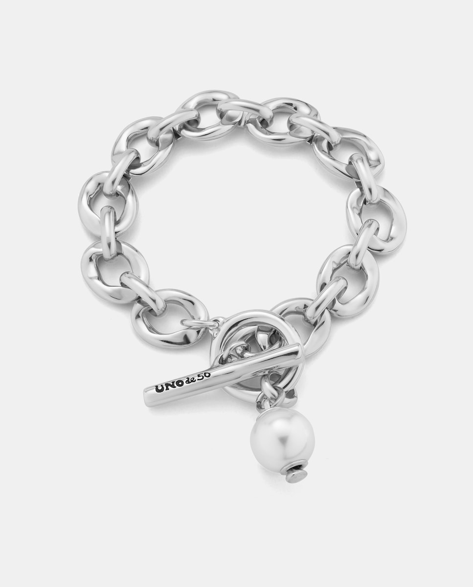 Pulsera bañada en plata de ley con eslabones y charm de perla Plata-3