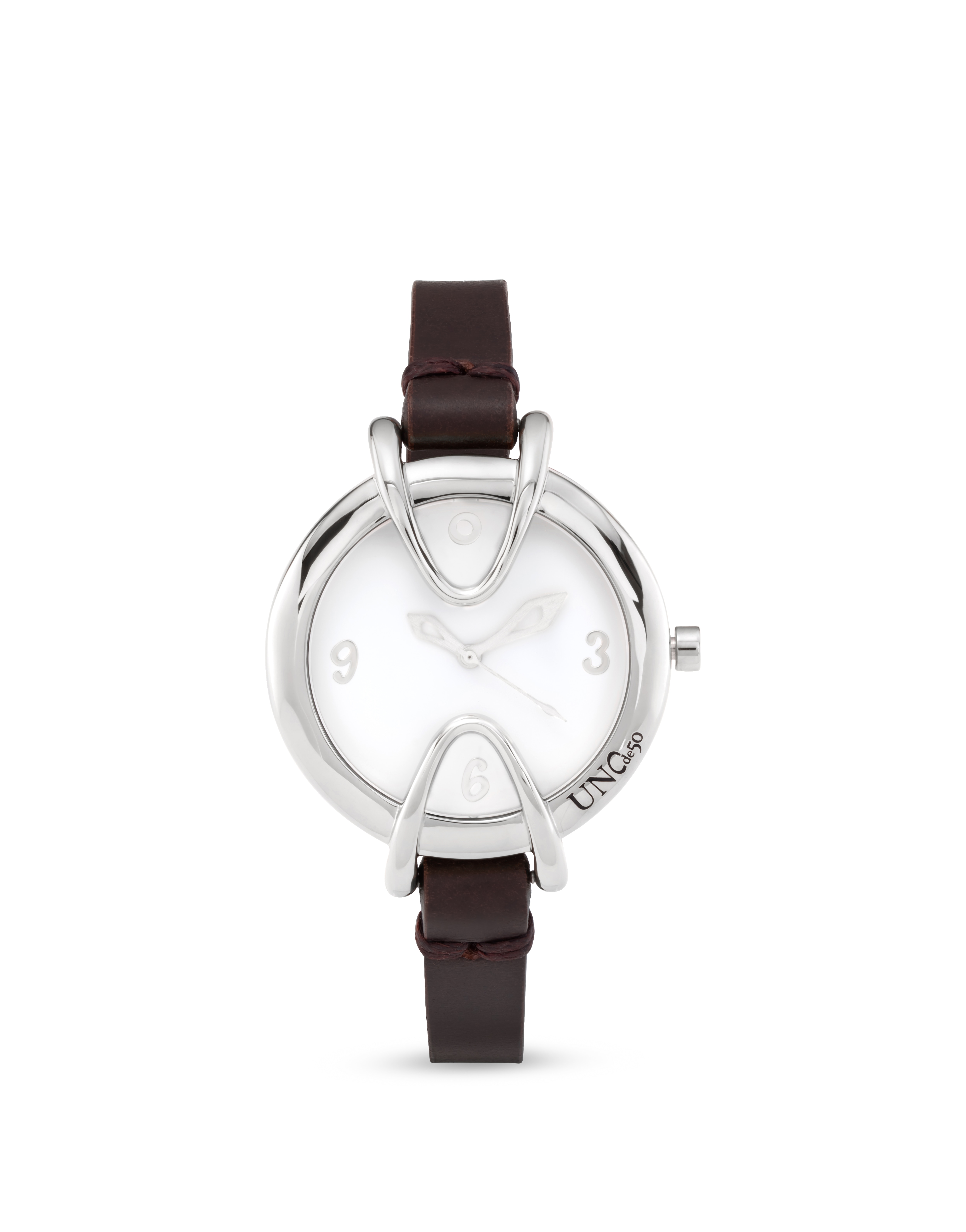 Imagen 0 de Reloj de mujer bañado en plata de ley con correa de cuero negra, esfera redonda con interior en color blanco Plata