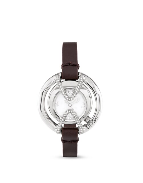 Imagen 0 de Reloj de mujer bañado en plata de ley con correa de cuero marrón y esfera redonda con topacios